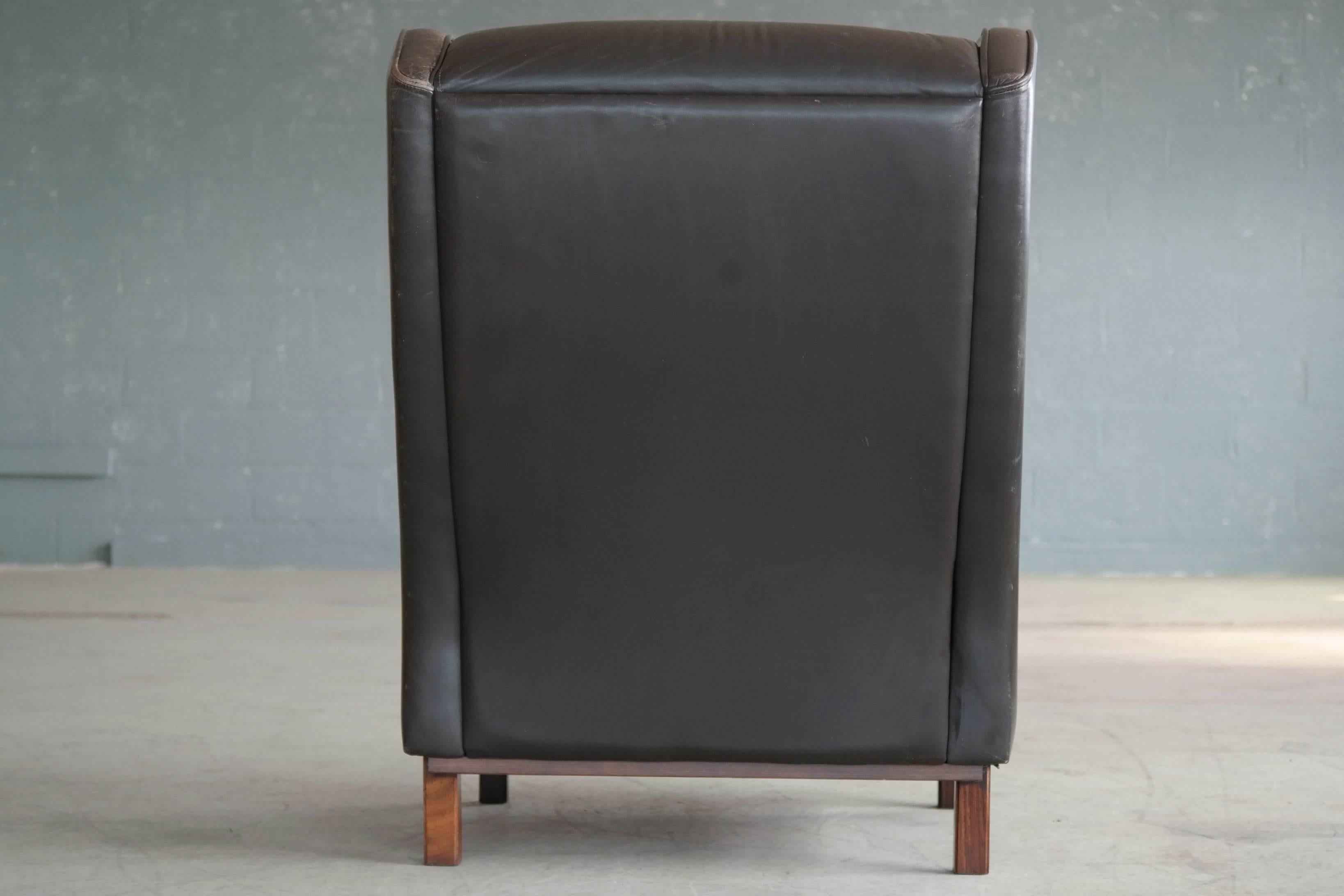 Børge Mogensen Style High Back Wing Chair with Tufted Back in Espresso Leather 4