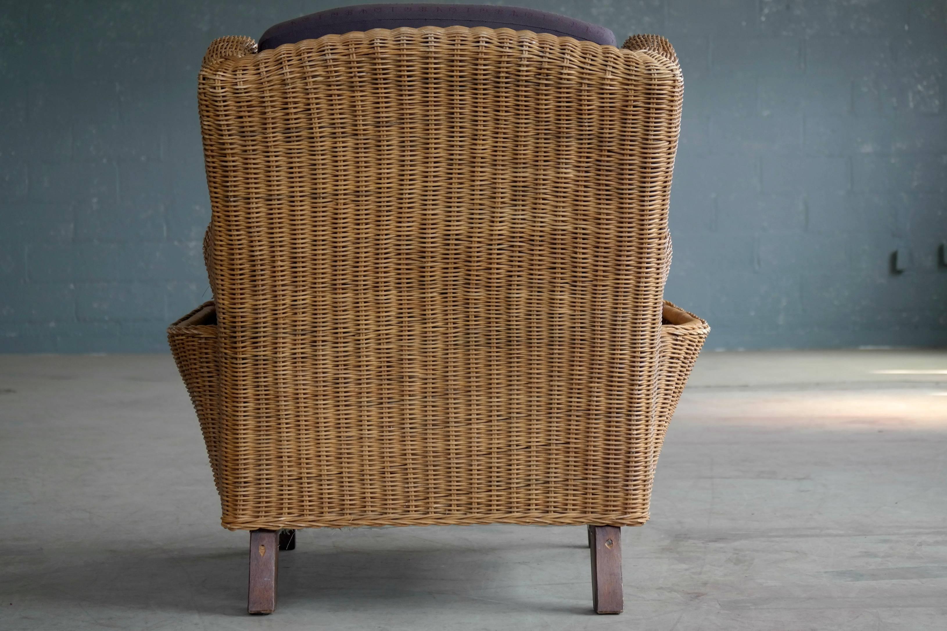 Beech Danish Mid-Century Wicker Lounge Chair with Magazine Pockets