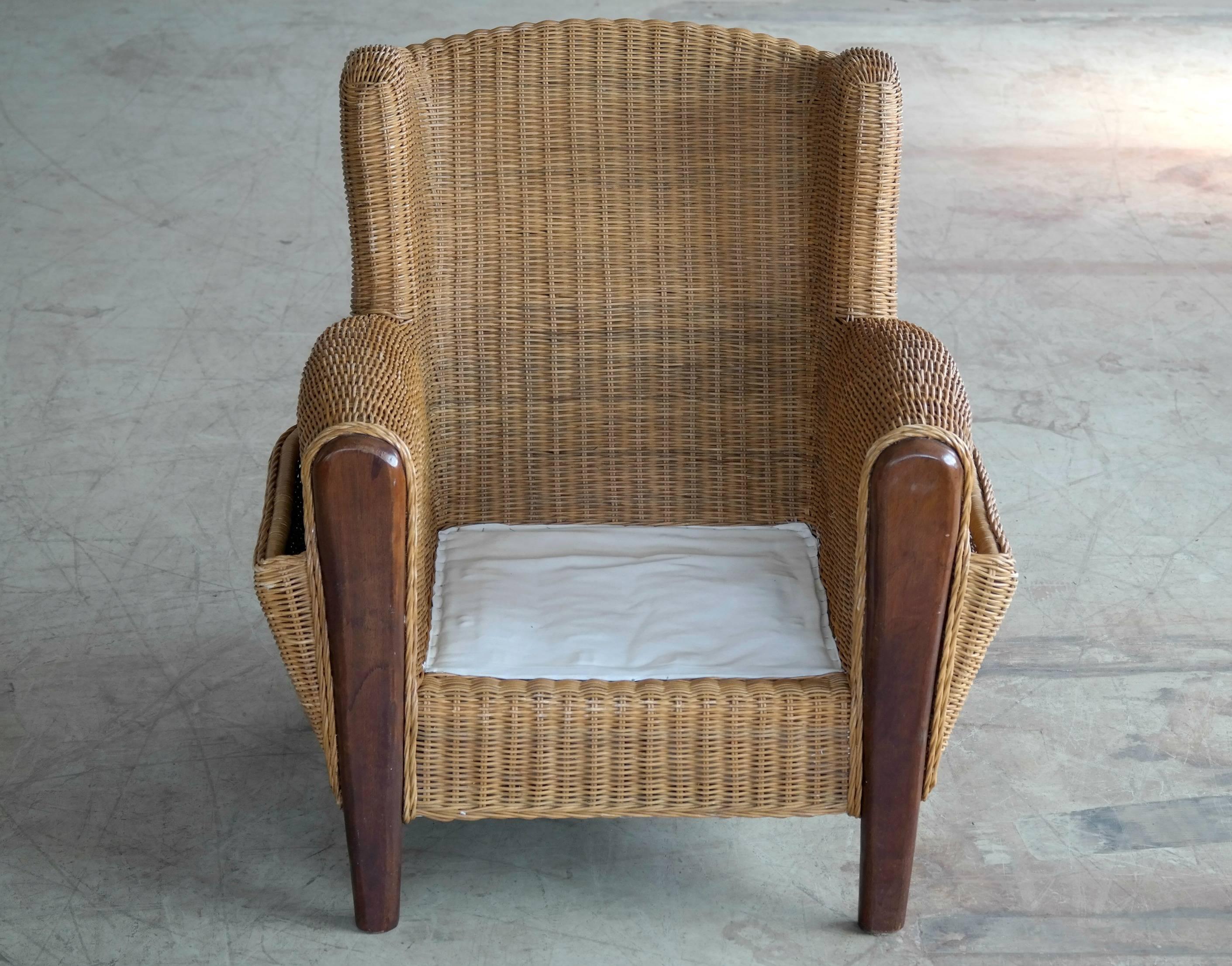 Danish Mid-Century Wicker Lounge Chair with Magazine Pockets 3
