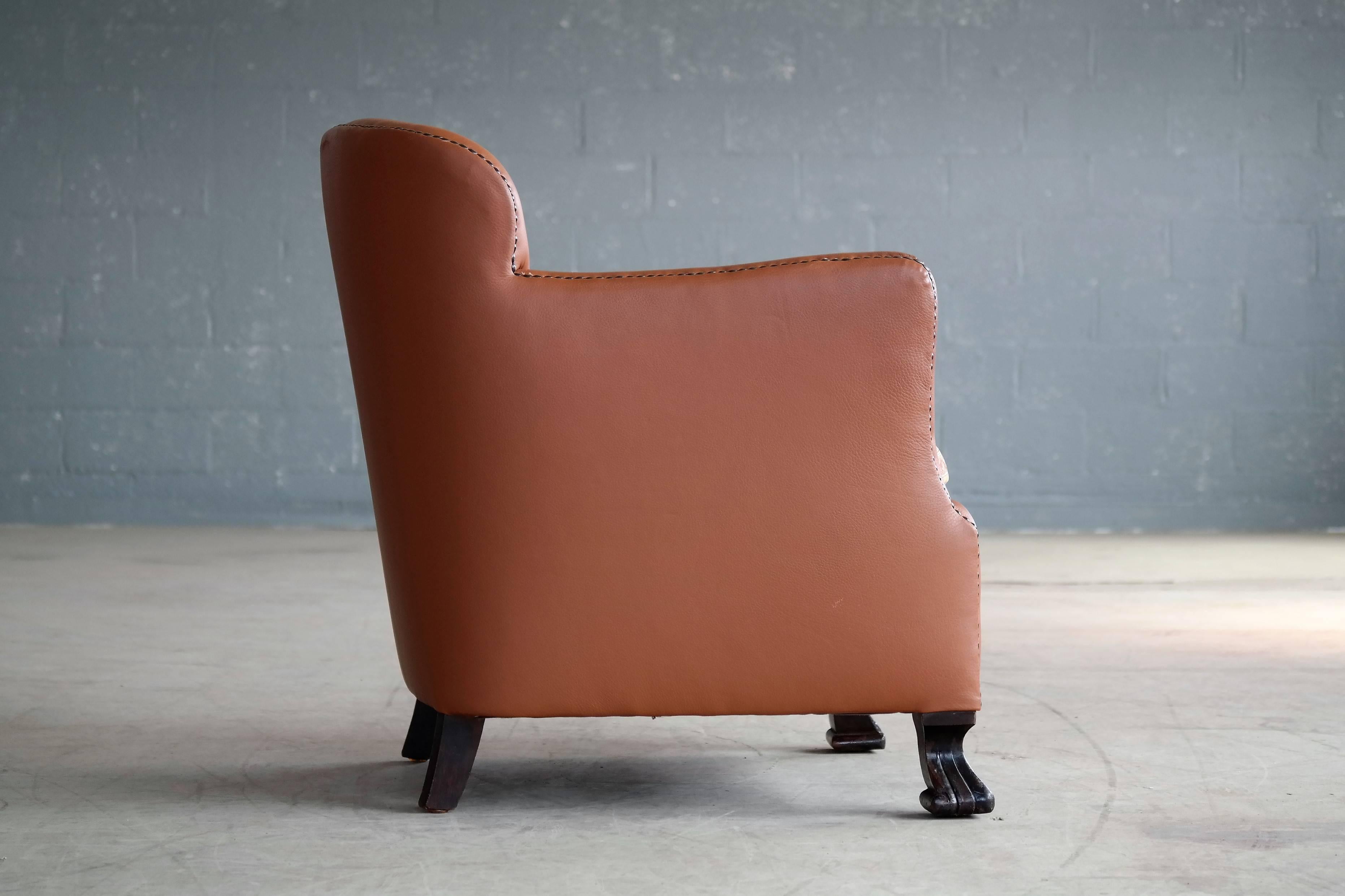 Danish, 1930s Half Size Club Chair in New Cognac Colored Leather and Brass Tacks 2
