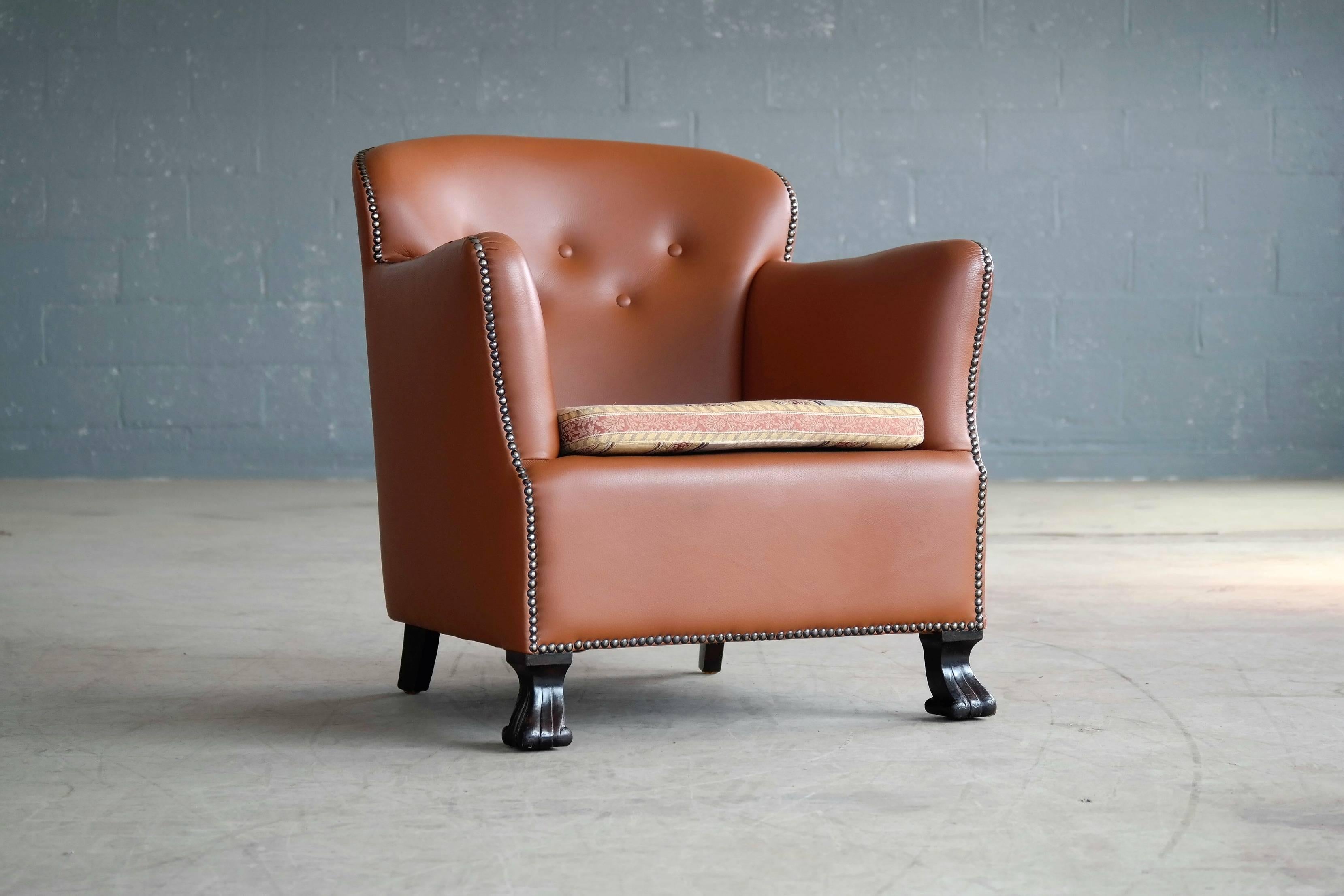 Scandinavian Modern Danish, 1930s Half Size Club Chair in New Cognac Colored Leather and Brass Tacks