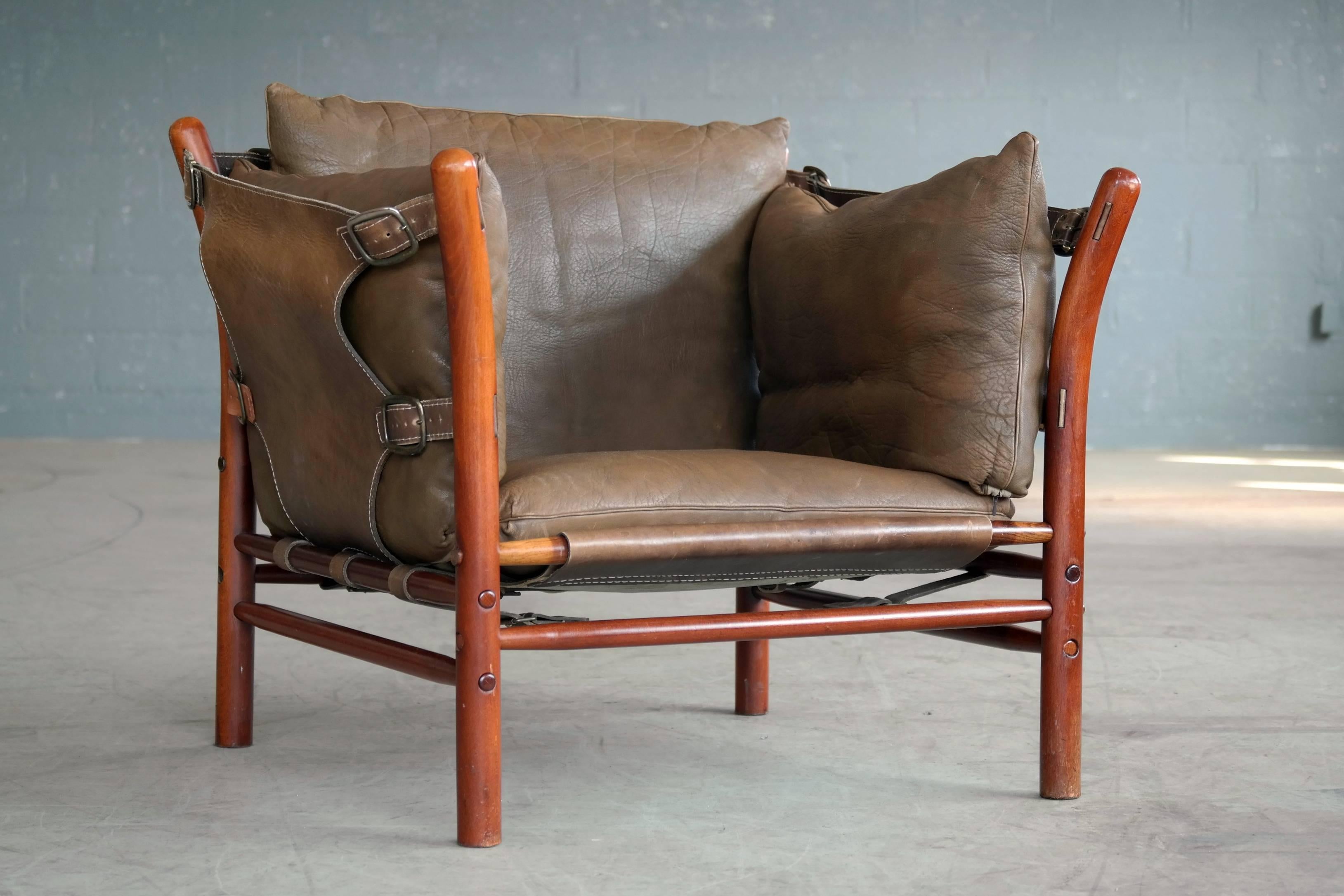 Swedish Arne Norell Safari Chair Model Ilona in Brown Leather and Beech