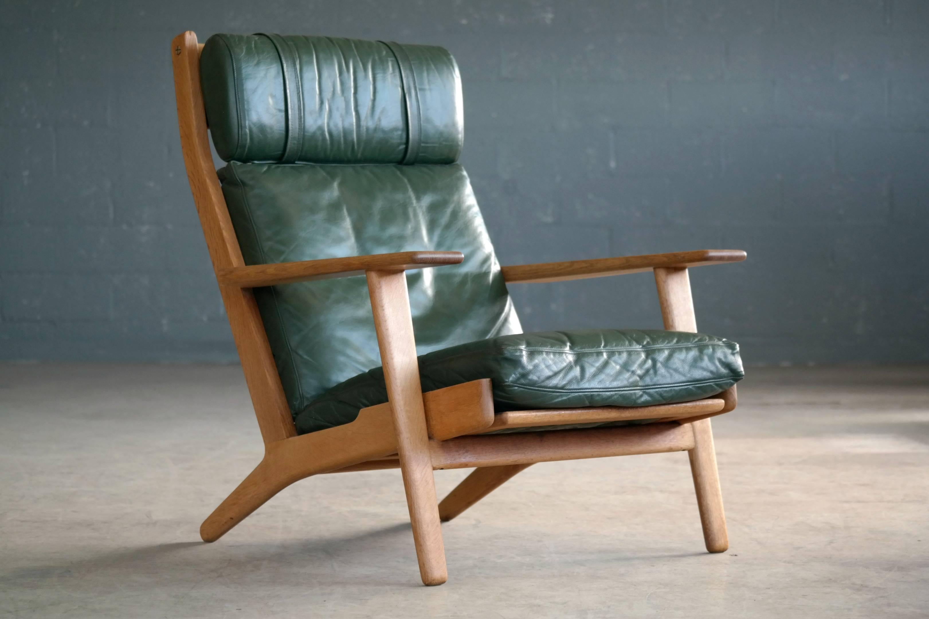 Mid-Century Modern Hans Wegner Highback Lounge Chair Model GE290a with Ottoman in Oak and Leather