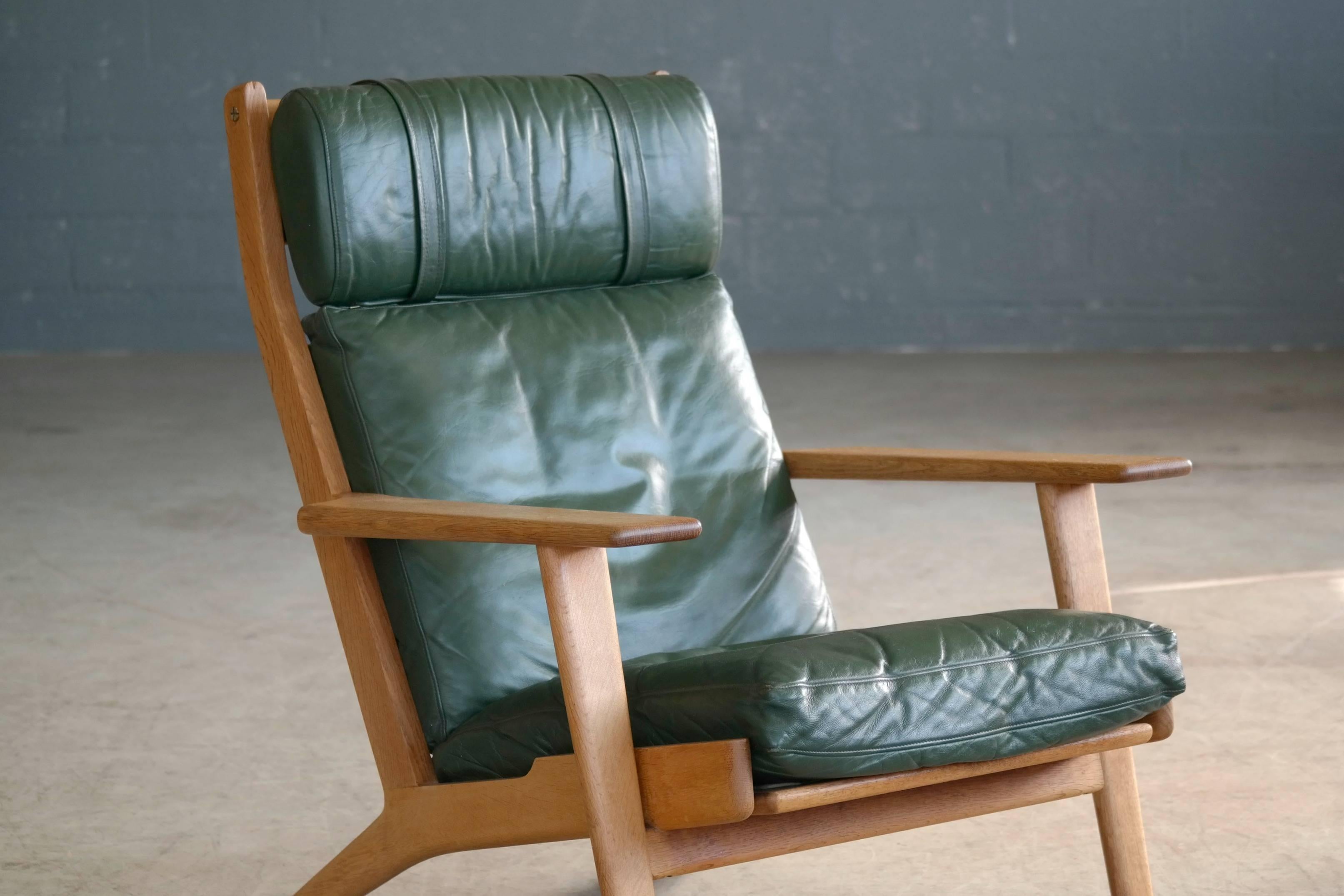 Danish Hans Wegner Highback Lounge Chair Model GE290a with Ottoman in Oak and Leather