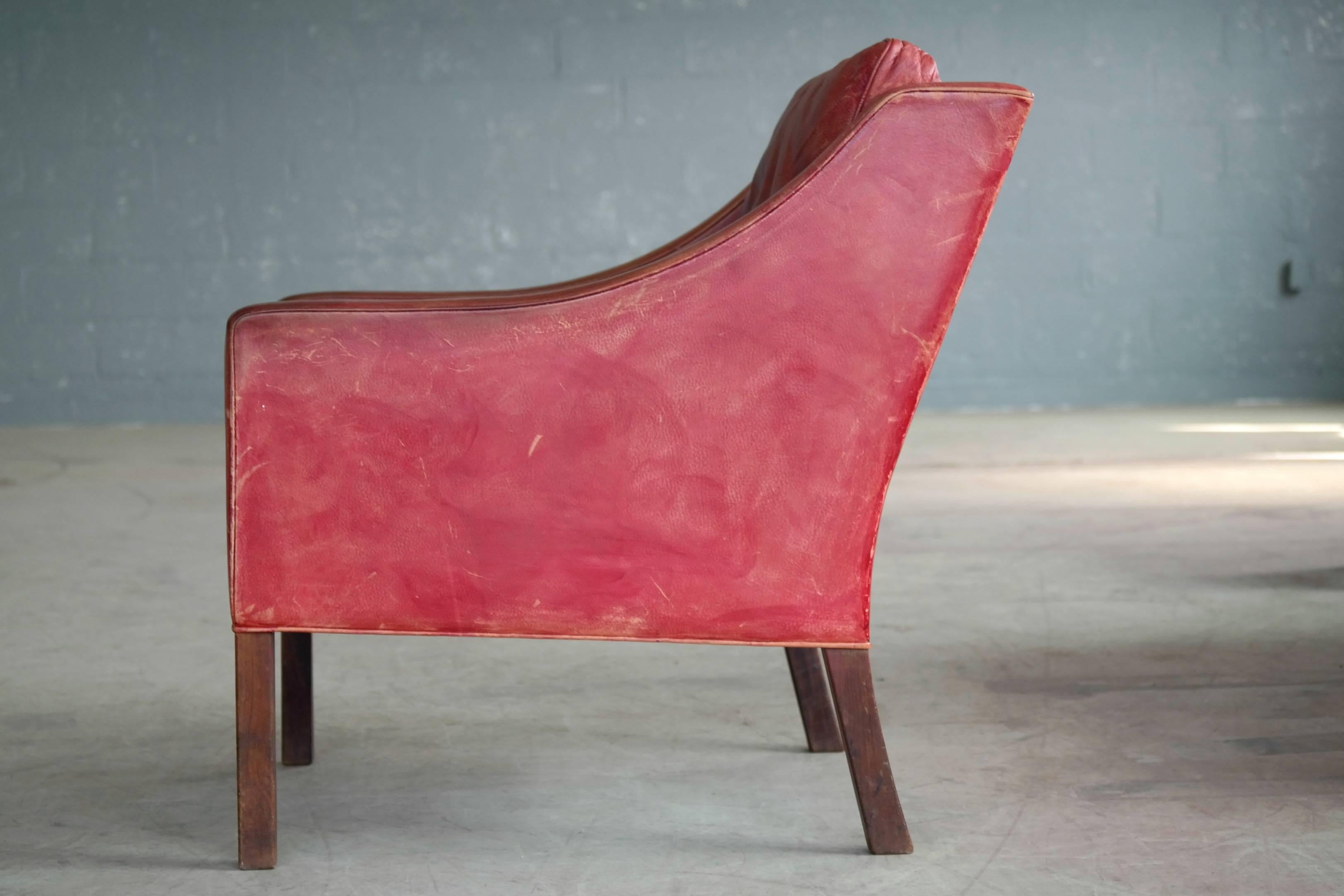 Danish Børge Mogensen Lounge Chair Model 2207 in Red Leather for Fredericia