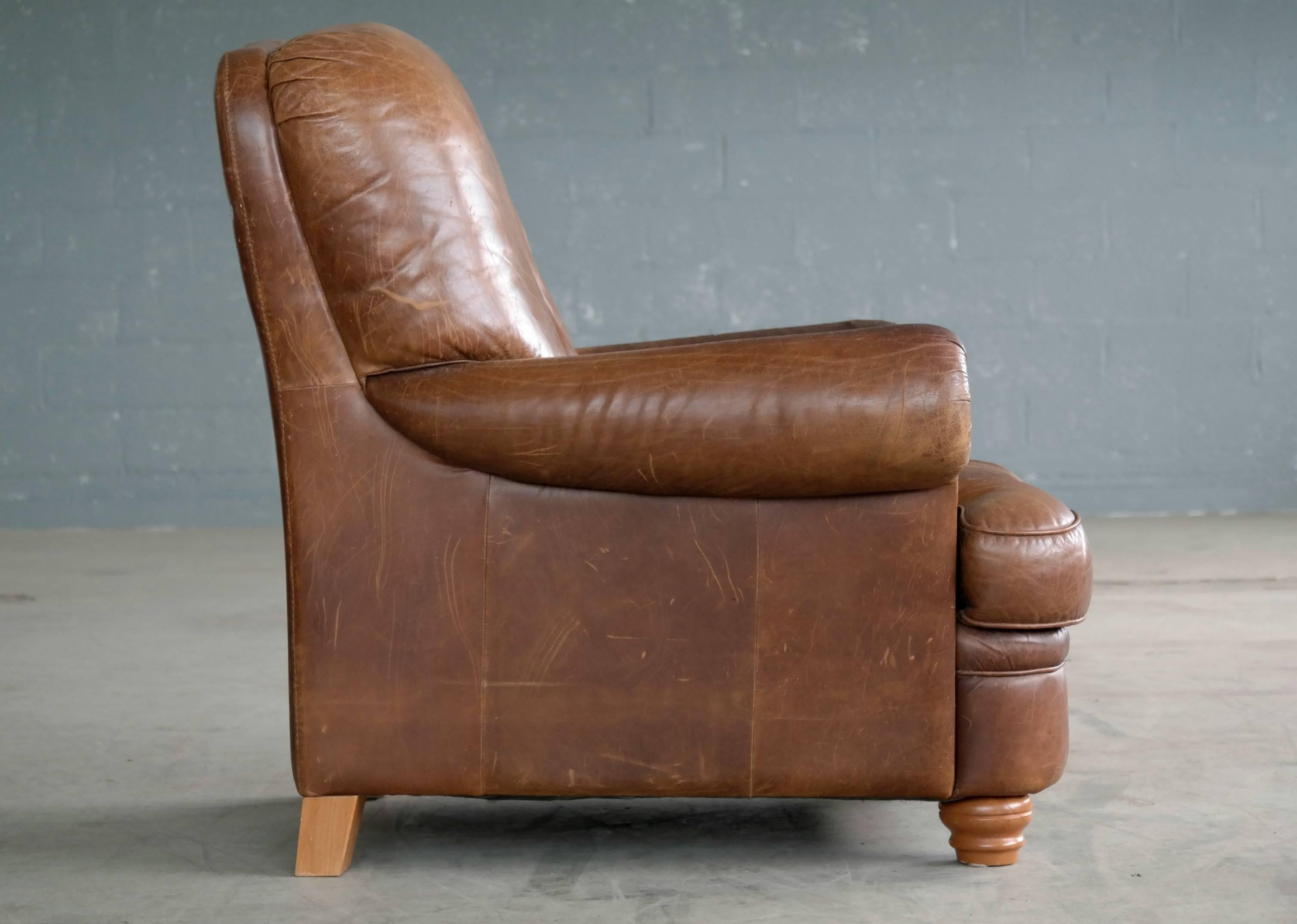 Danish Mid-Century Large Size Cognac Color Leather Club Chair with Ottoman In Excellent Condition In Bridgeport, CT