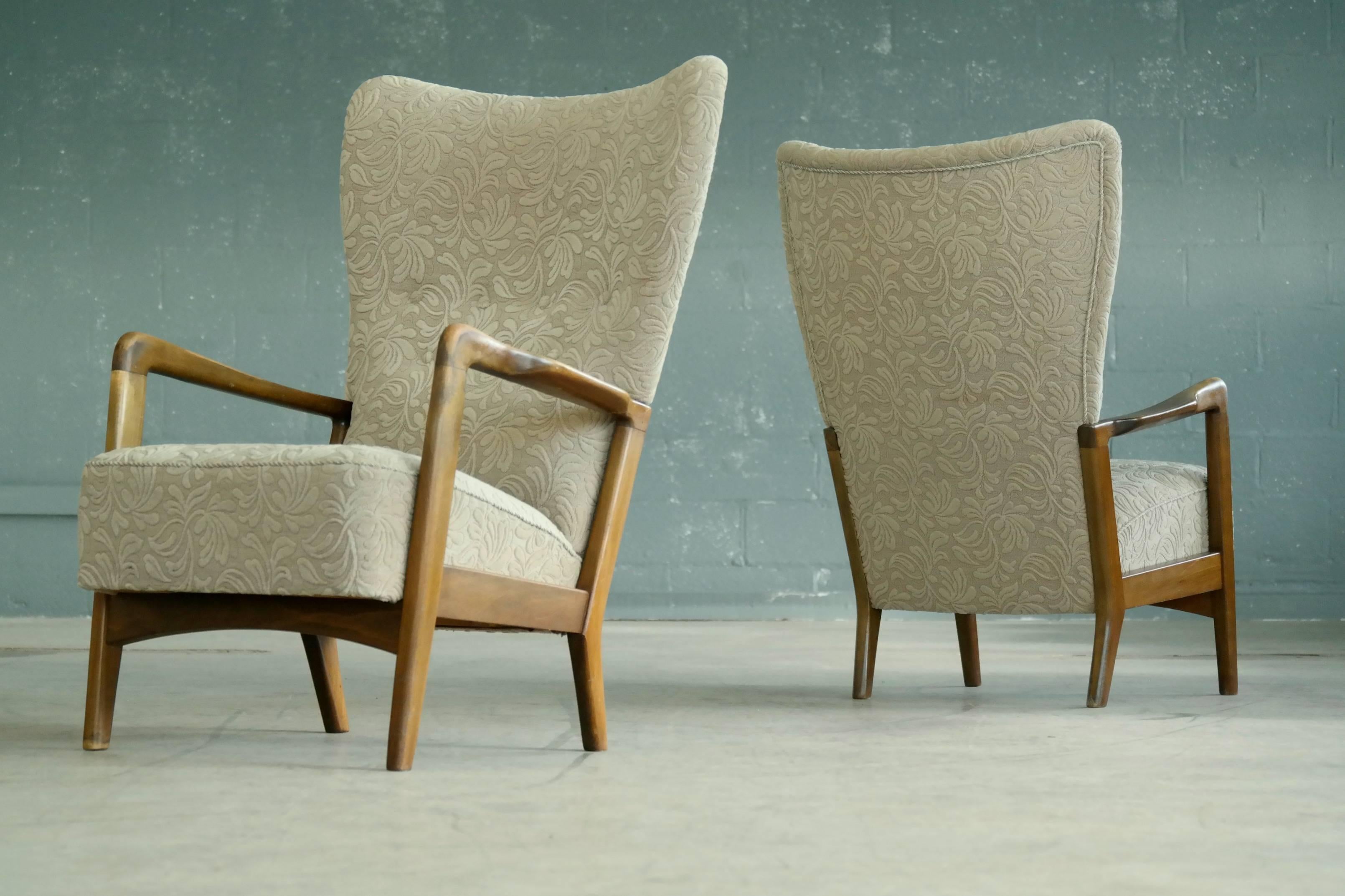 Danish Soren Hansen Pair of High Back Open Armchairs for Fritz Hansen, Denmark, 1940s