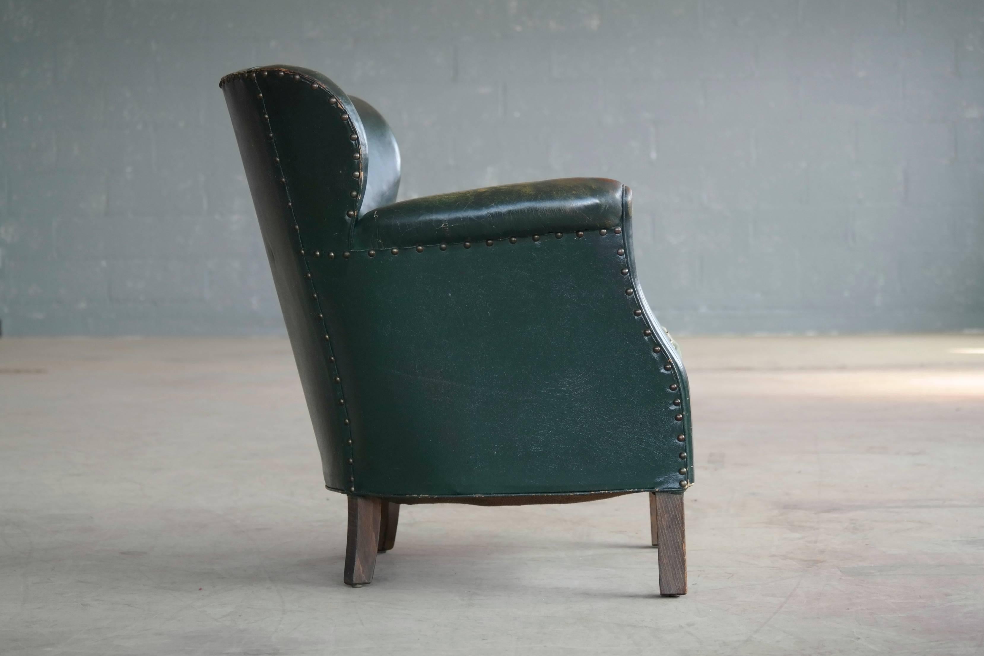 Mid-Century Modern Danish 1930s Small Scale Club Chair in Tufted Patinated Green Leather