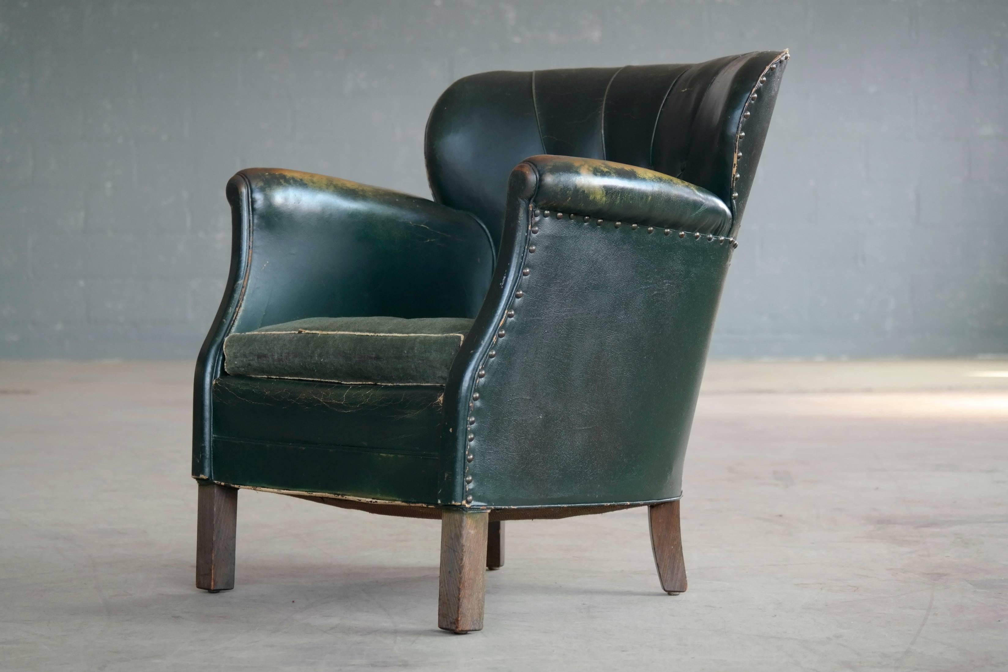 Danish 1930s Small Scale Club Chair in Tufted Patinated Green Leather 1