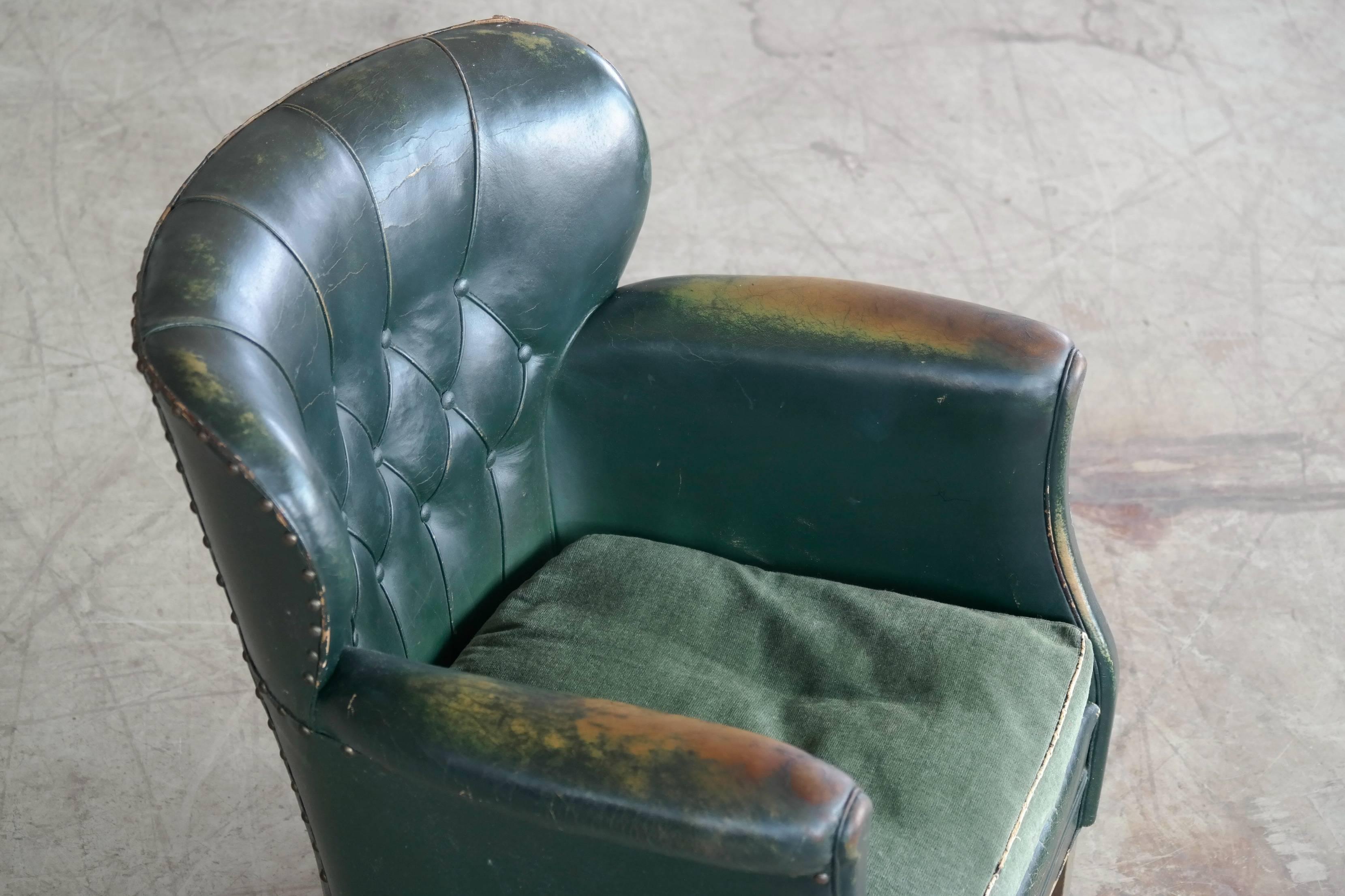 Danish 1930s Small Scale Club Chair in Tufted Patinated Green Leather 2