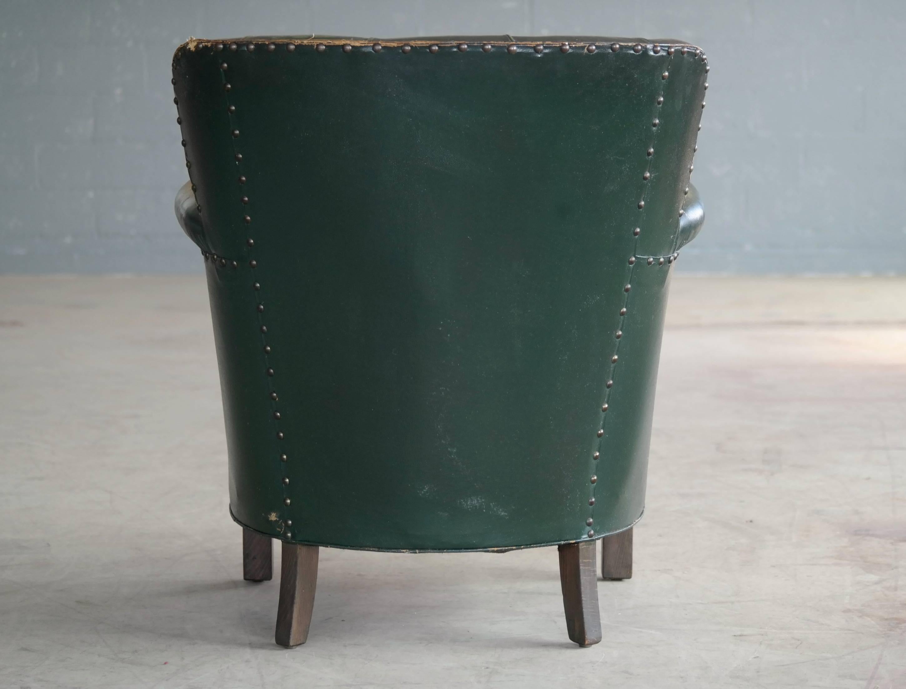 Danish 1930s Small Scale Club Chair in Tufted Patinated Green Leather 4