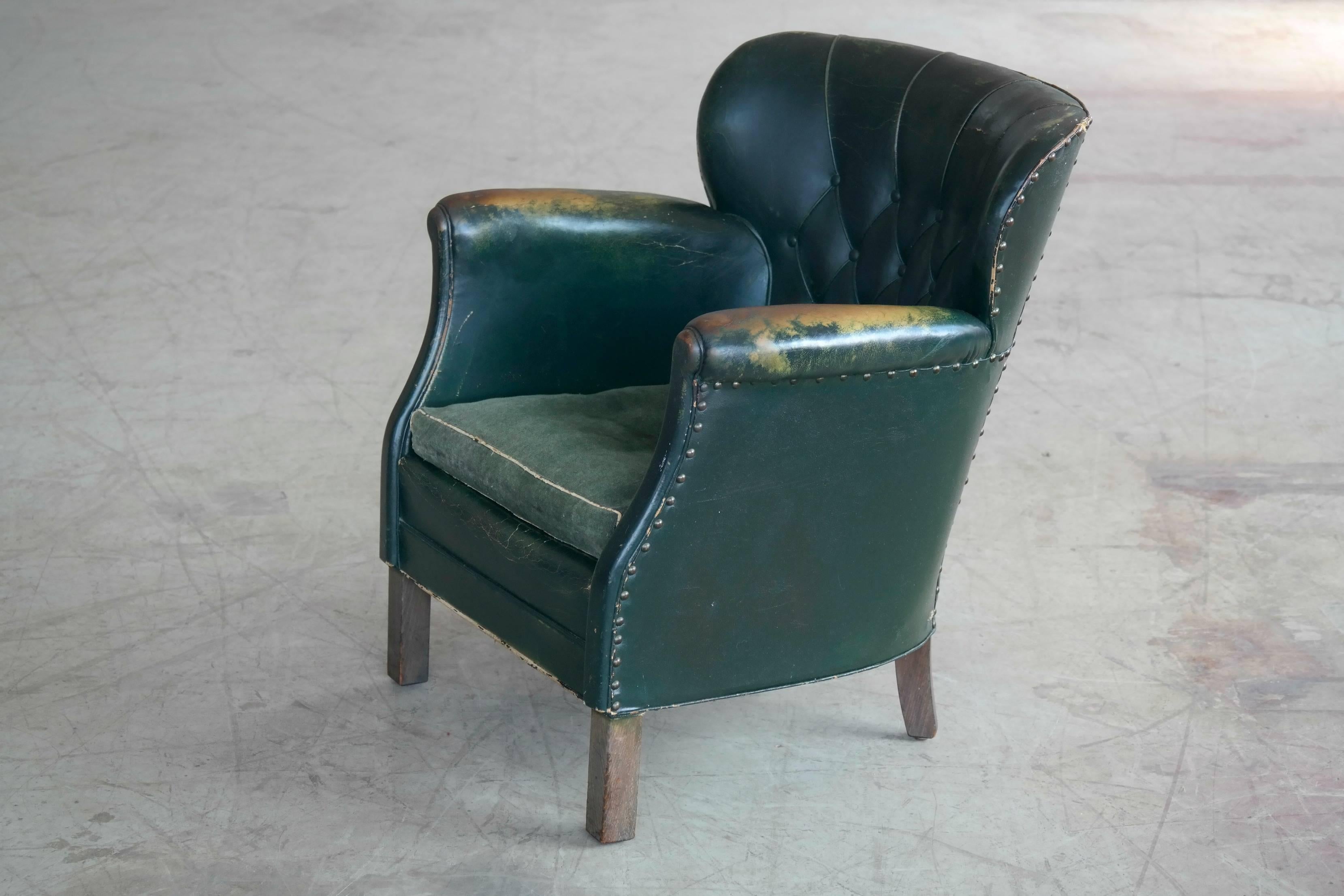 Danish 1930s Small Scale Club Chair in Tufted Patinated Green Leather 3