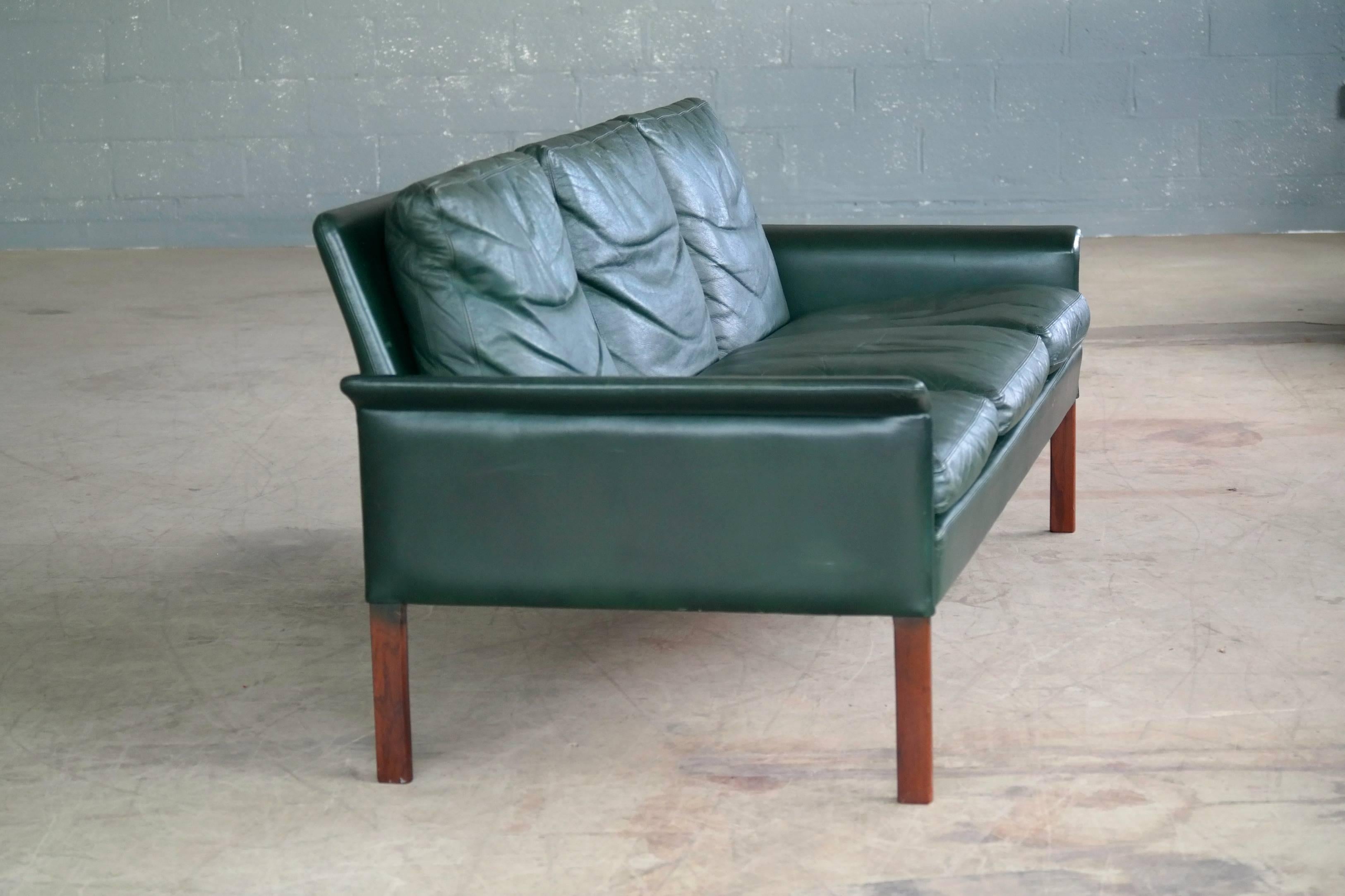 Mid-20th Century Hans Olsen 1960s Sofa in Rare Racing Green Leather for C.S. Møbler, Denmark