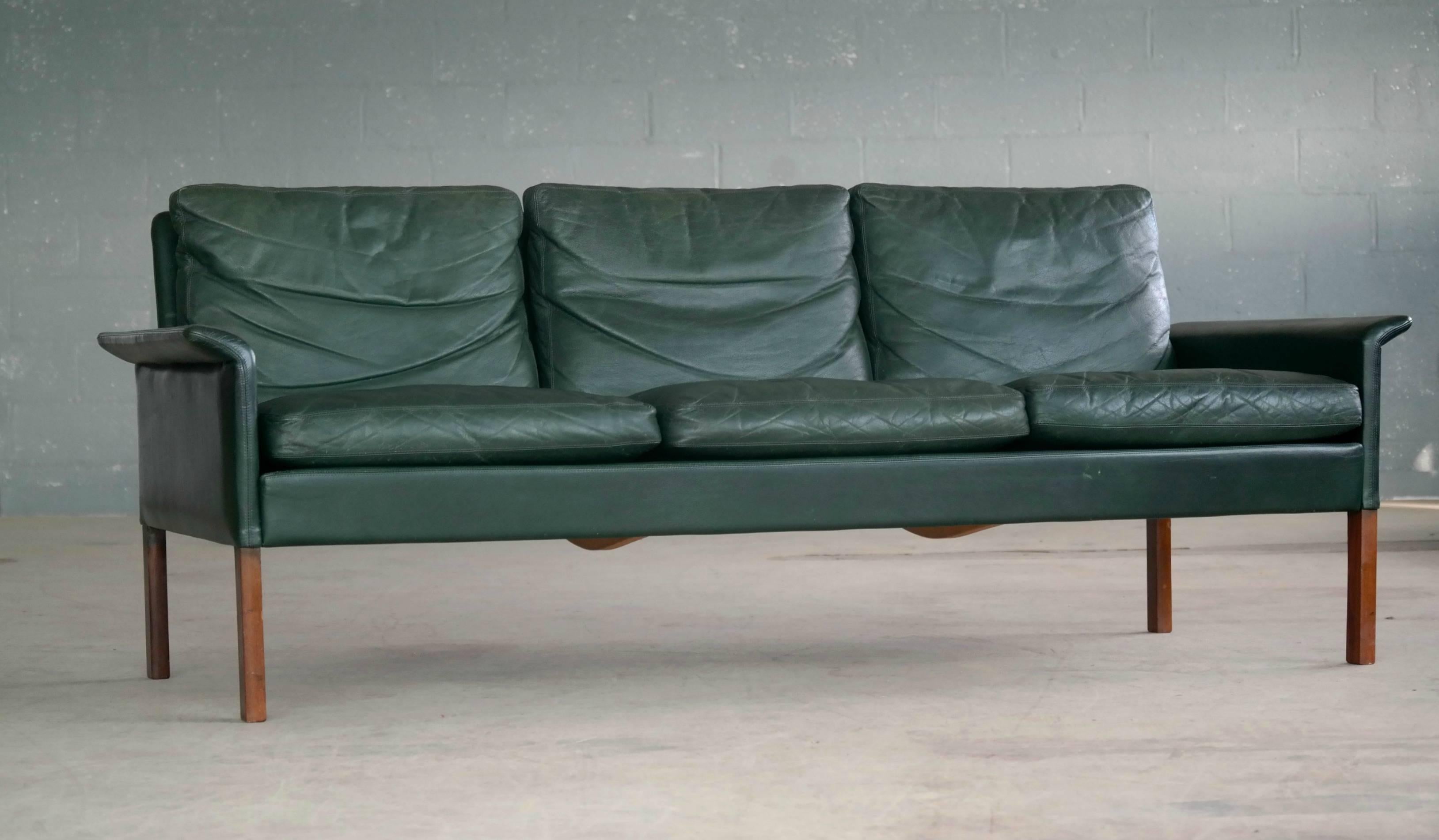 Mid-Century Modern Hans Olsen 1960s Sofa in Rare Racing Green Leather for C.S. Møbler, Denmark