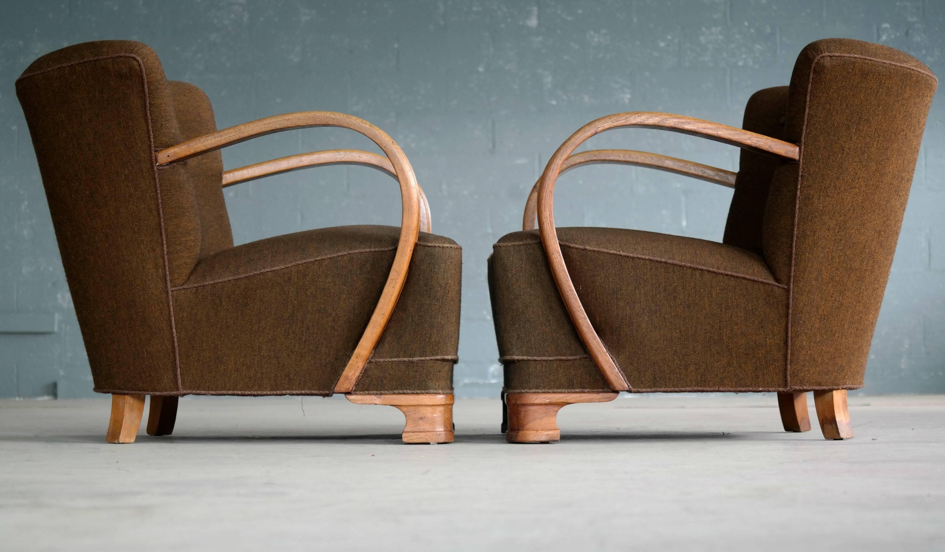 Pair of Boesen Style 1940s Art Deco Chairs Lounge Chairs in Oak and Wool 1