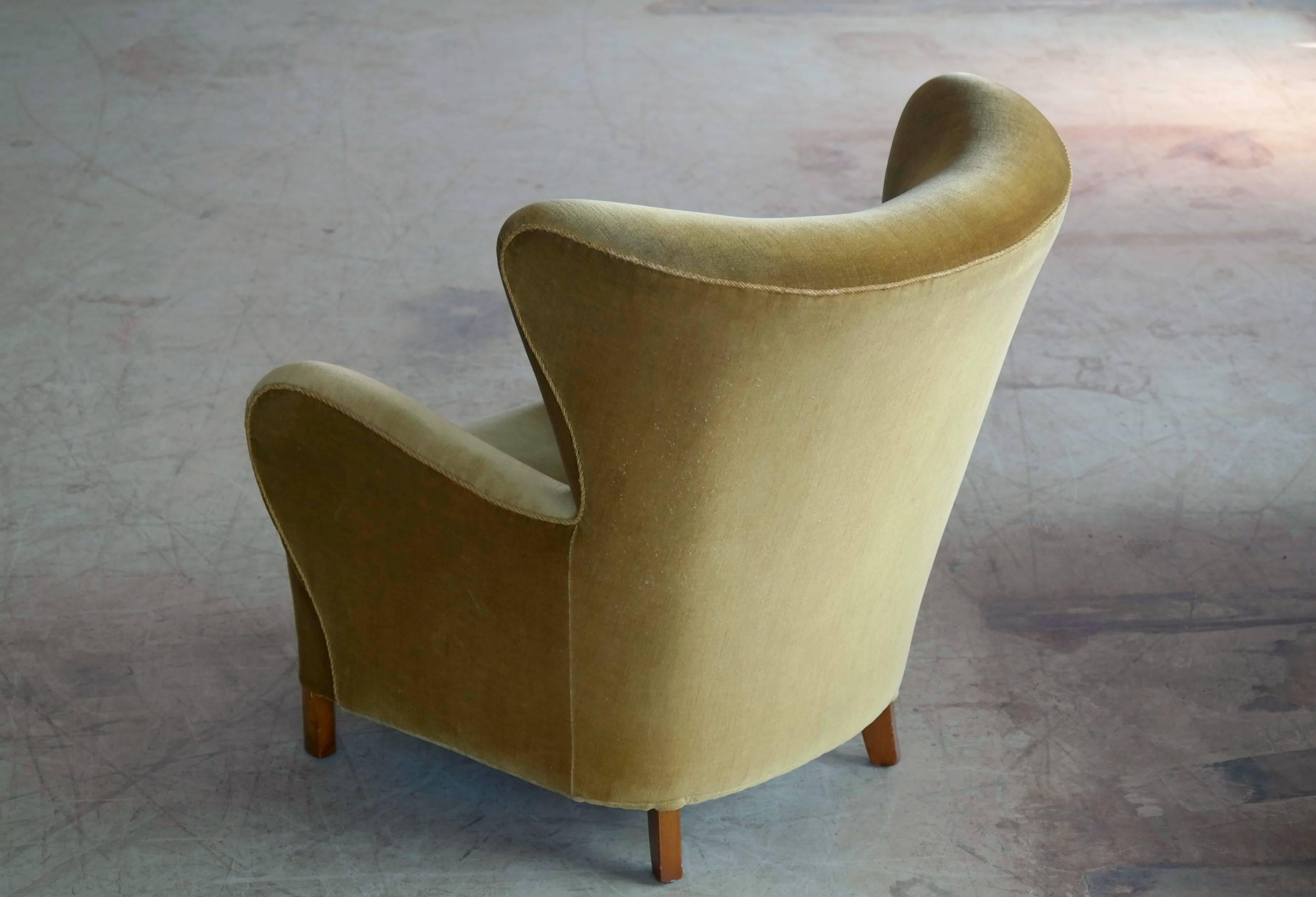 Flemming Lassen Style Wingback Armchair in Mohair, Denmark, 1940s In Excellent Condition In Bridgeport, CT