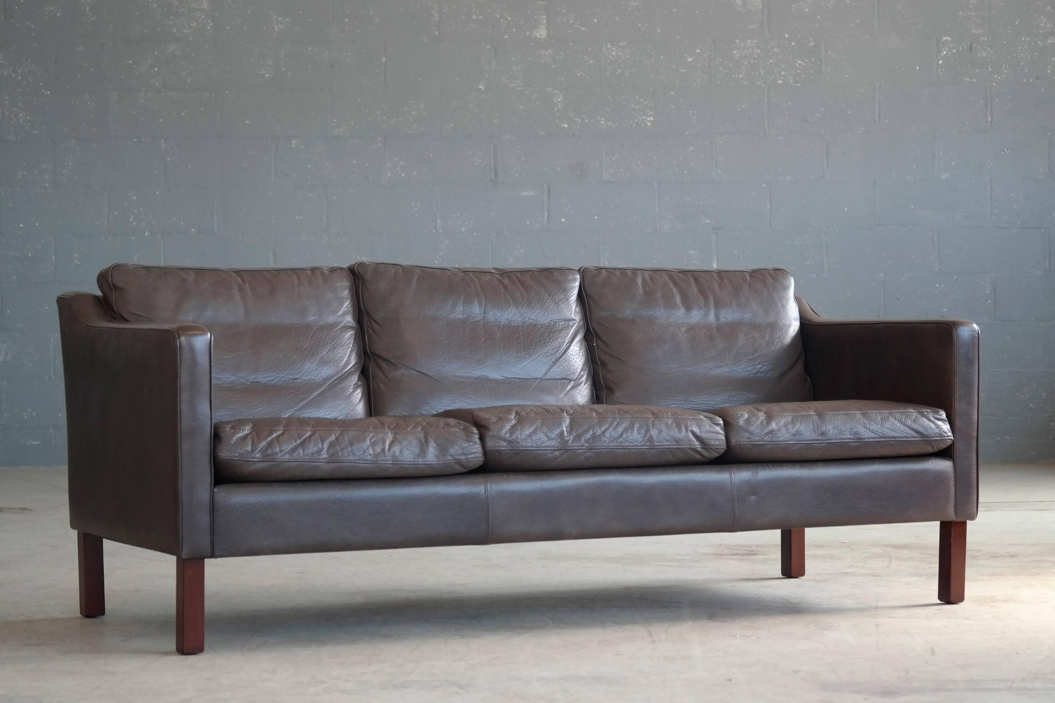 Scandinavian Modern Børge Mogensen Style Sofa in Dark Espresso Down Filled Leather by Mogens Hansen
