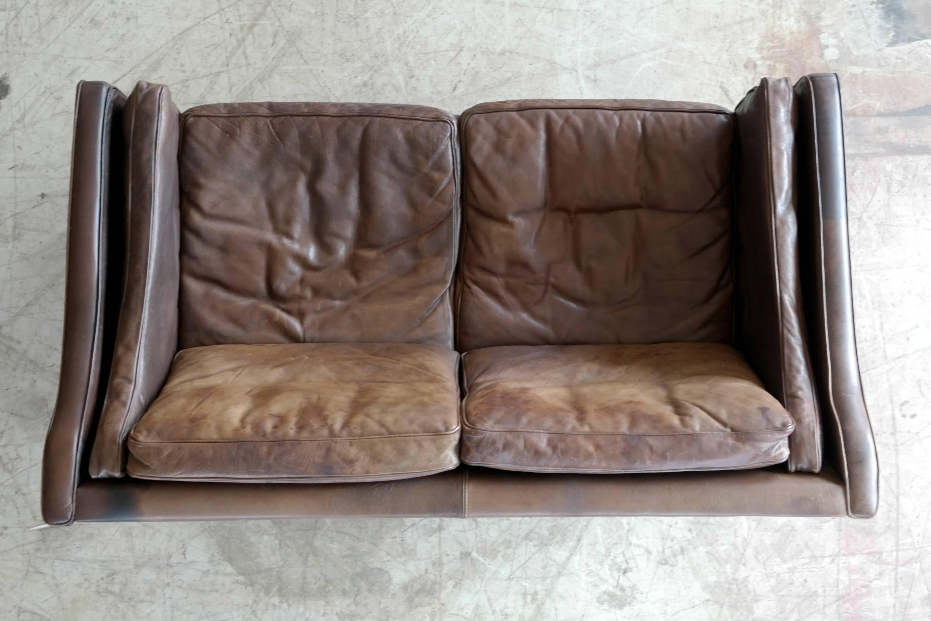 Borge Mogensen Style Two-Seat Sofa in Patinated Buffalo Leather by Mogens Hansen 1