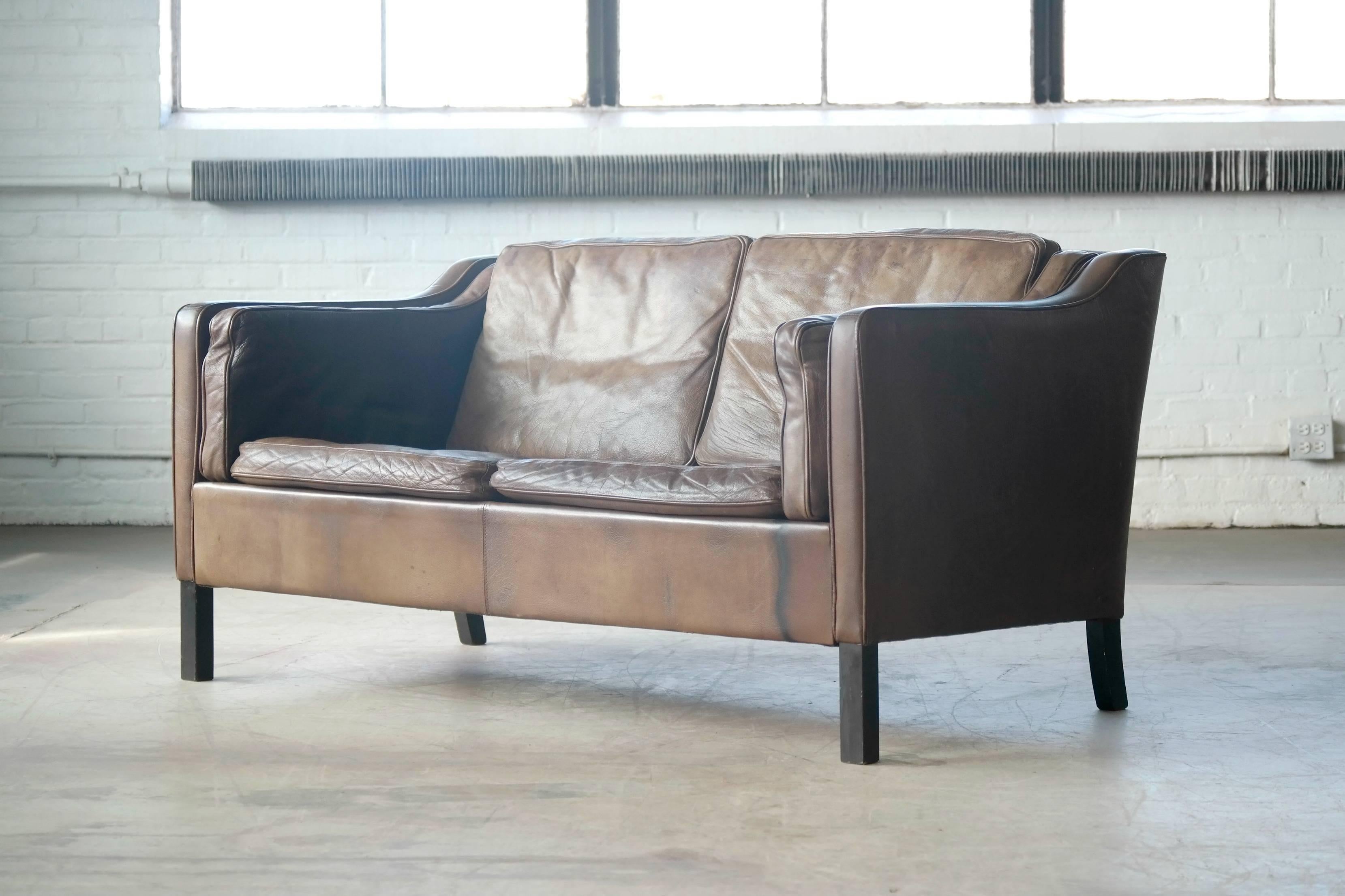 Danish Borge Mogensen Style Two-Seat Sofa in Patinated Buffalo Leather by Mogens Hansen