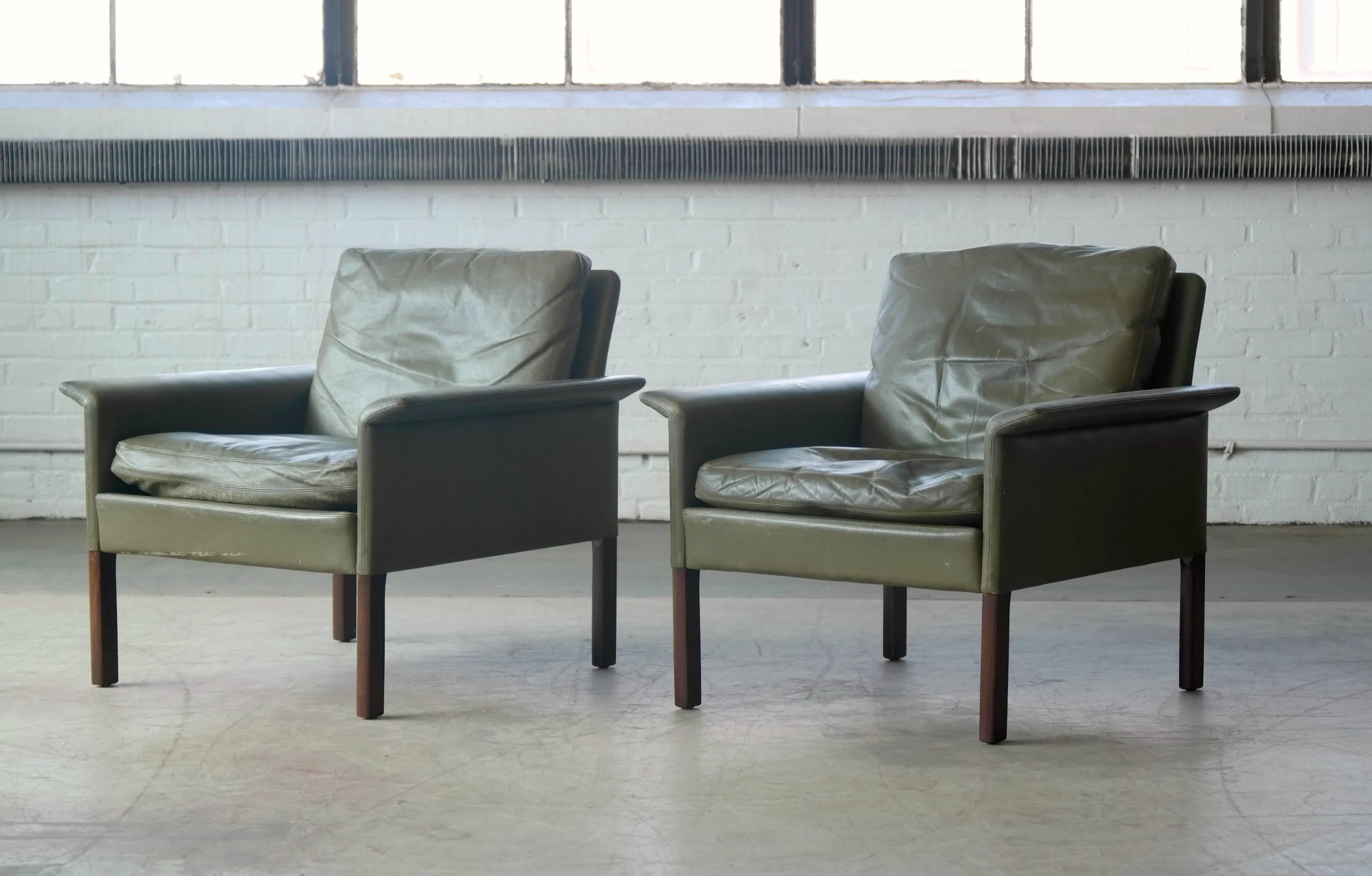 Mid-Century Modern Hans Olsen Pair of Green Leather and Rosewood Lounge Chairs with Ottomans