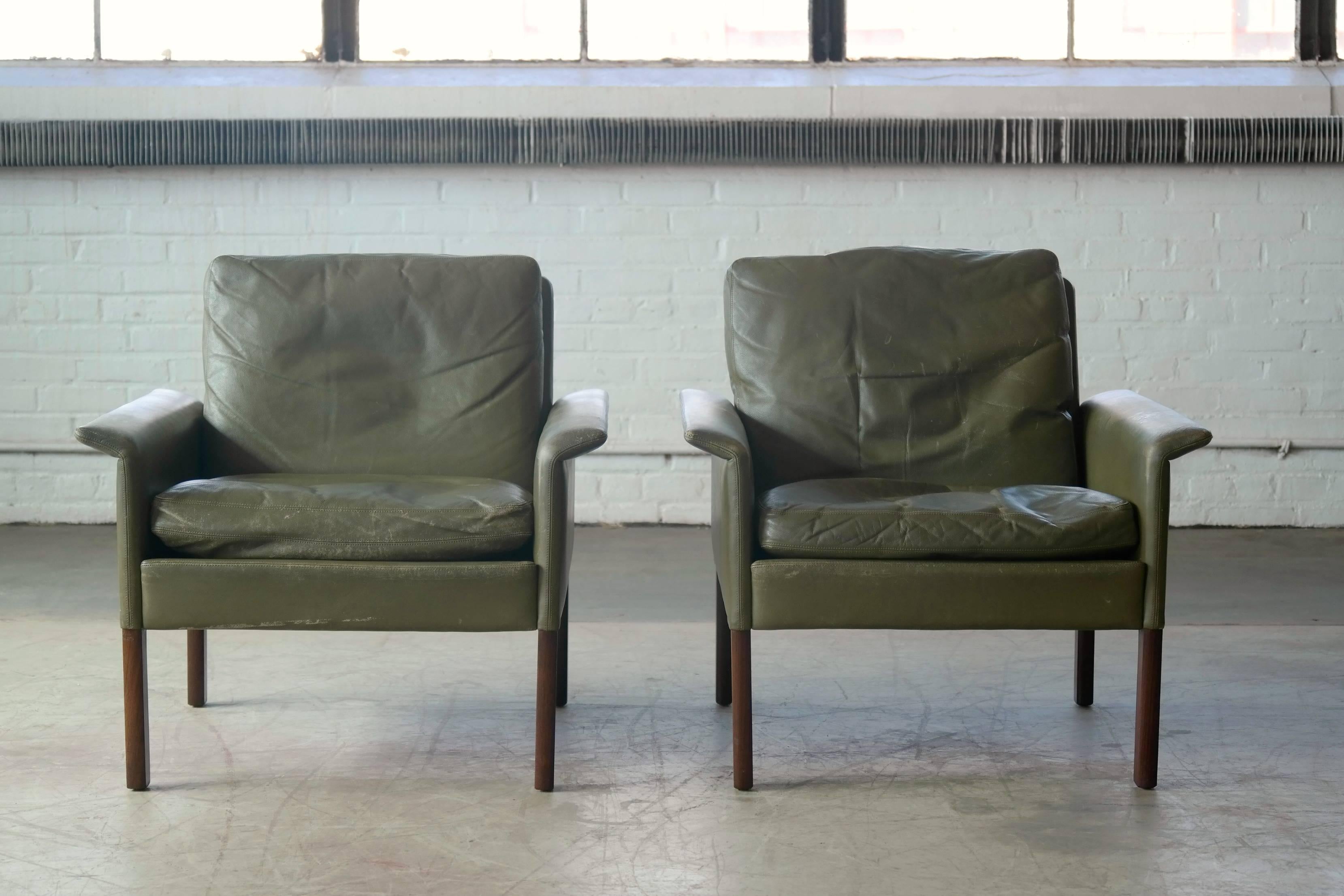 Danish Hans Olsen Pair of Green Leather and Rosewood Lounge Chairs with Ottomans