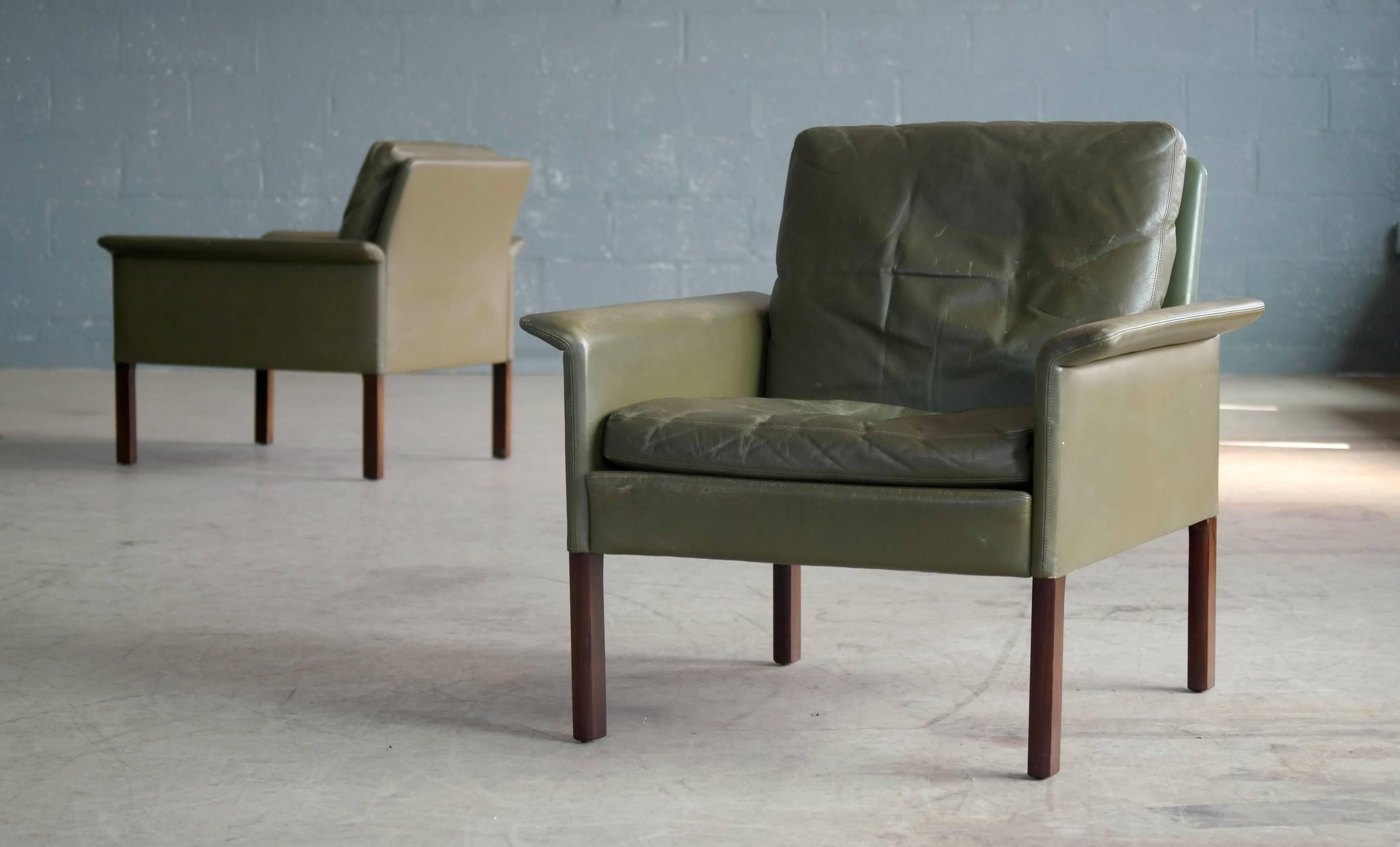 Hans Olsen Pair of Green Leather and Rosewood Lounge Chairs with Ottomans 2