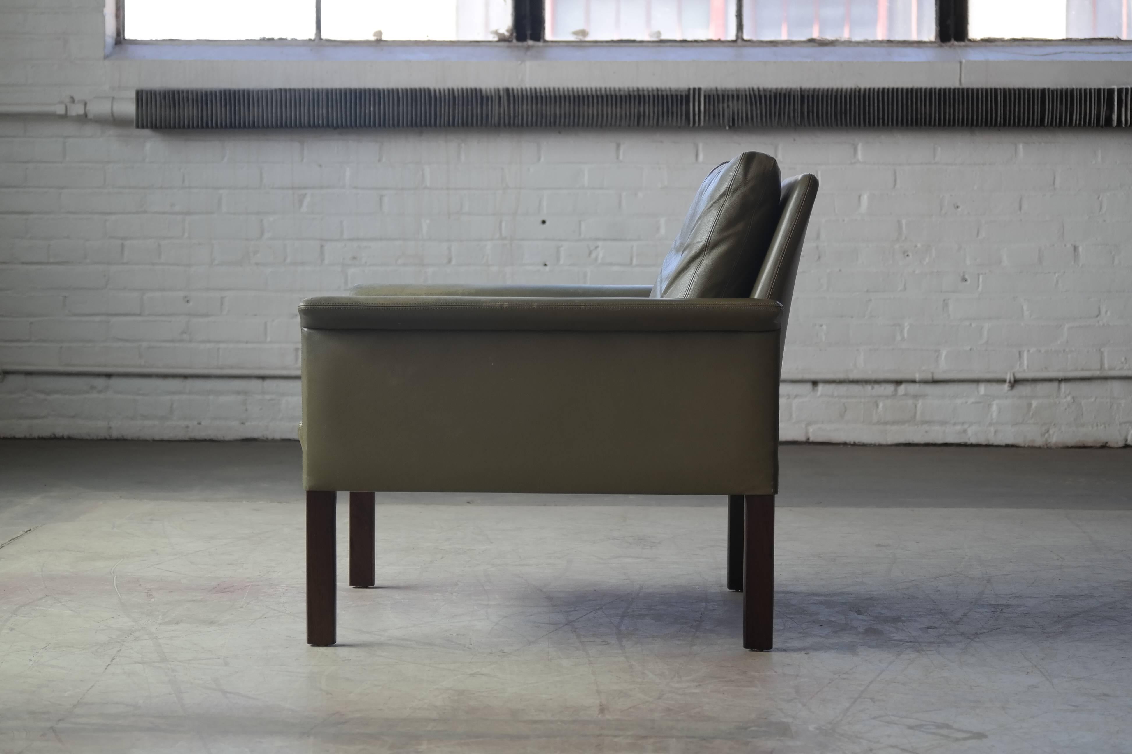 Danish Hans Olsen Lounge Chair in Green Leather and Rosewood for CS Mobler, Denmark