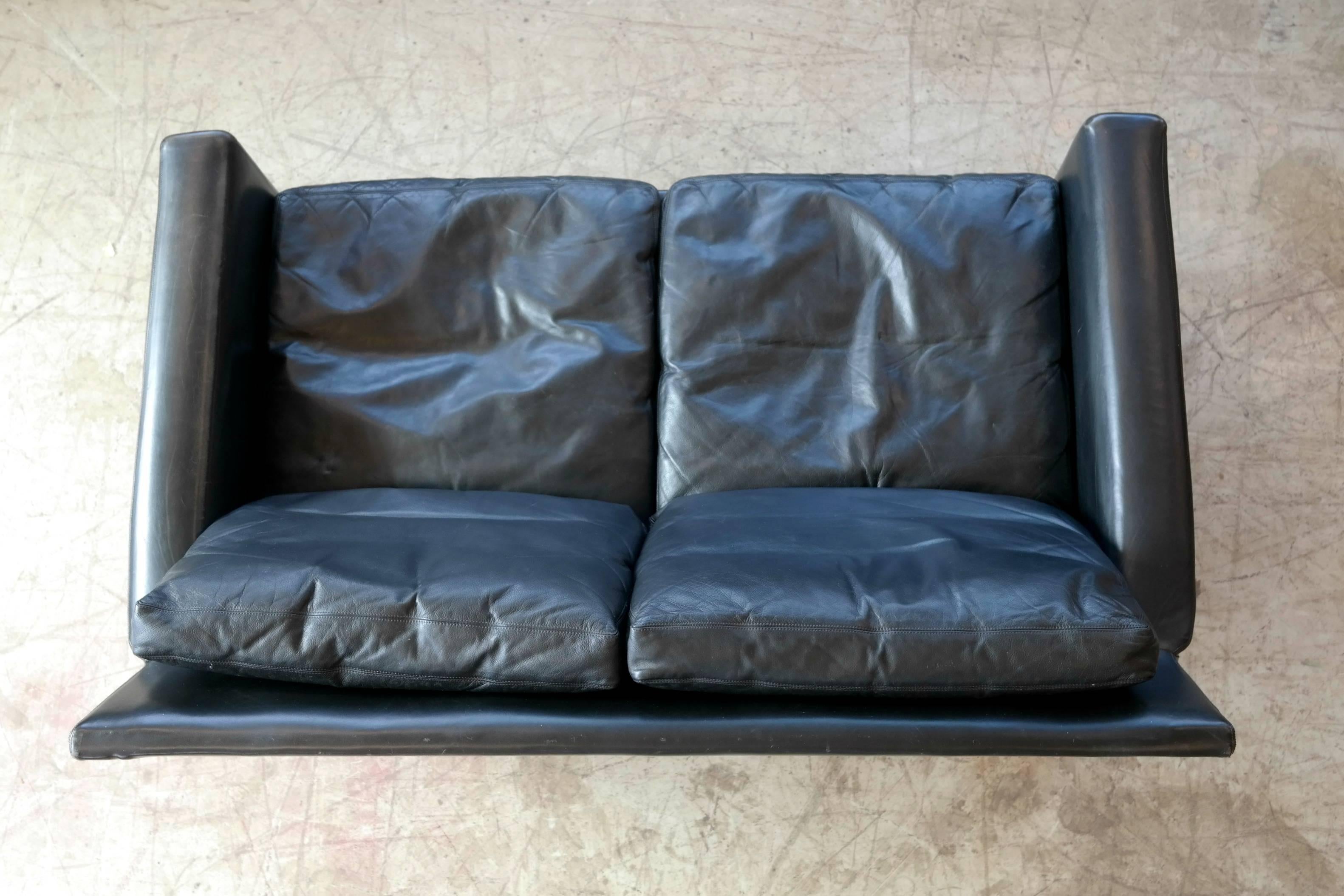 Mid-20th Century Love Seat in Black Leather and Rosewood by Scapa of Sweden