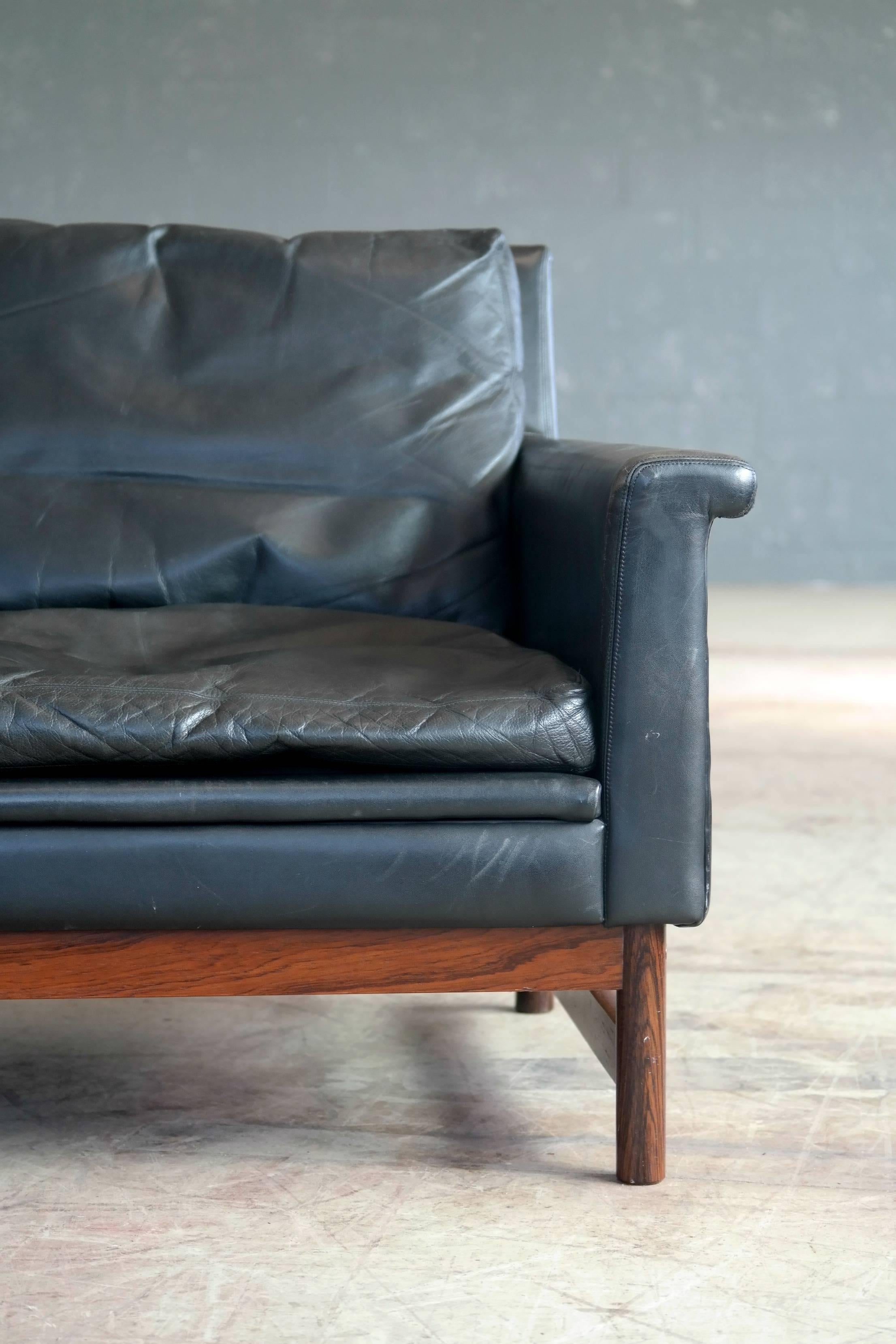 Danish Love Seat in Black Leather and Rosewood by Scapa of Sweden