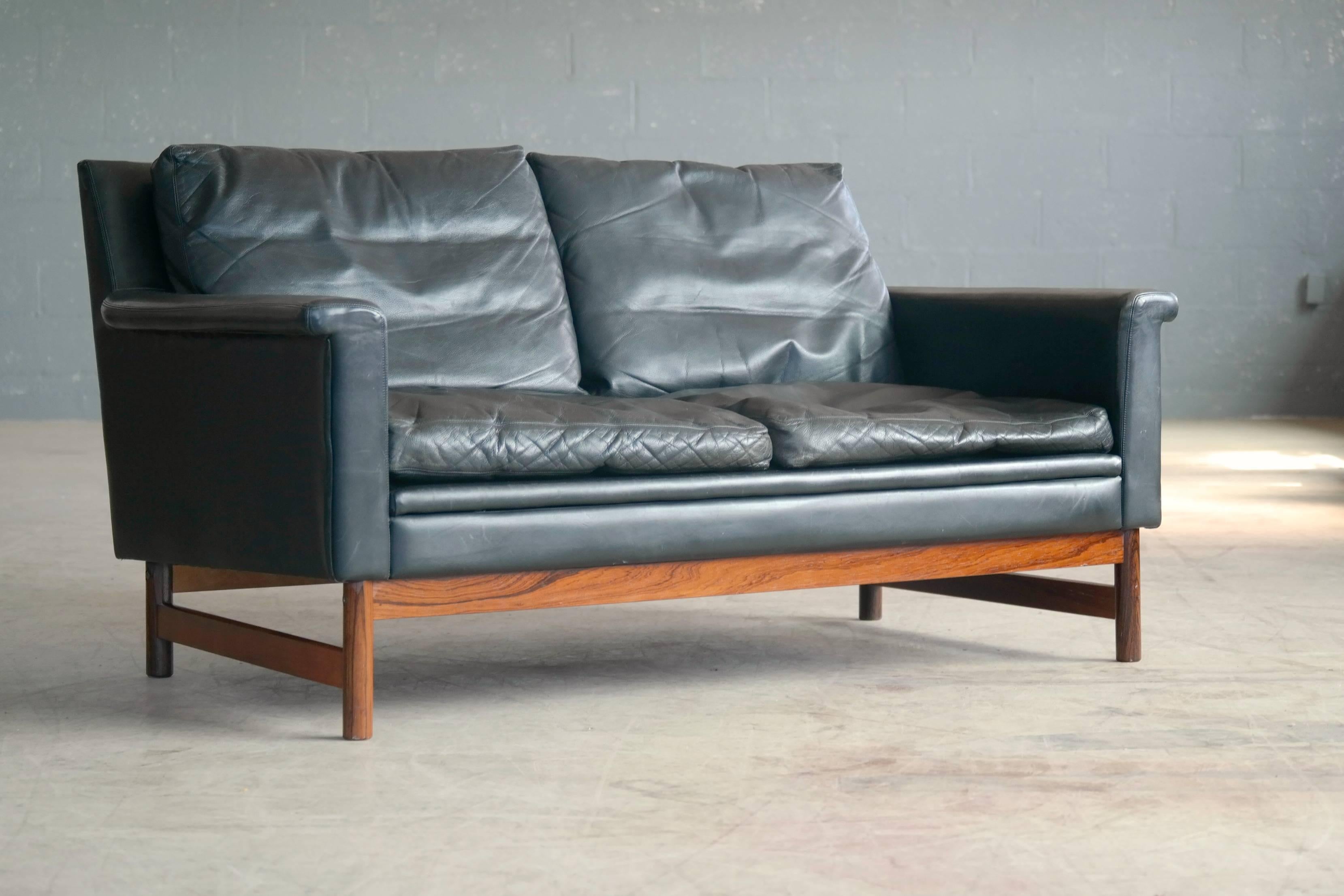 Scandinavian Modern Love Seat in Black Leather and Rosewood by Scapa of Sweden