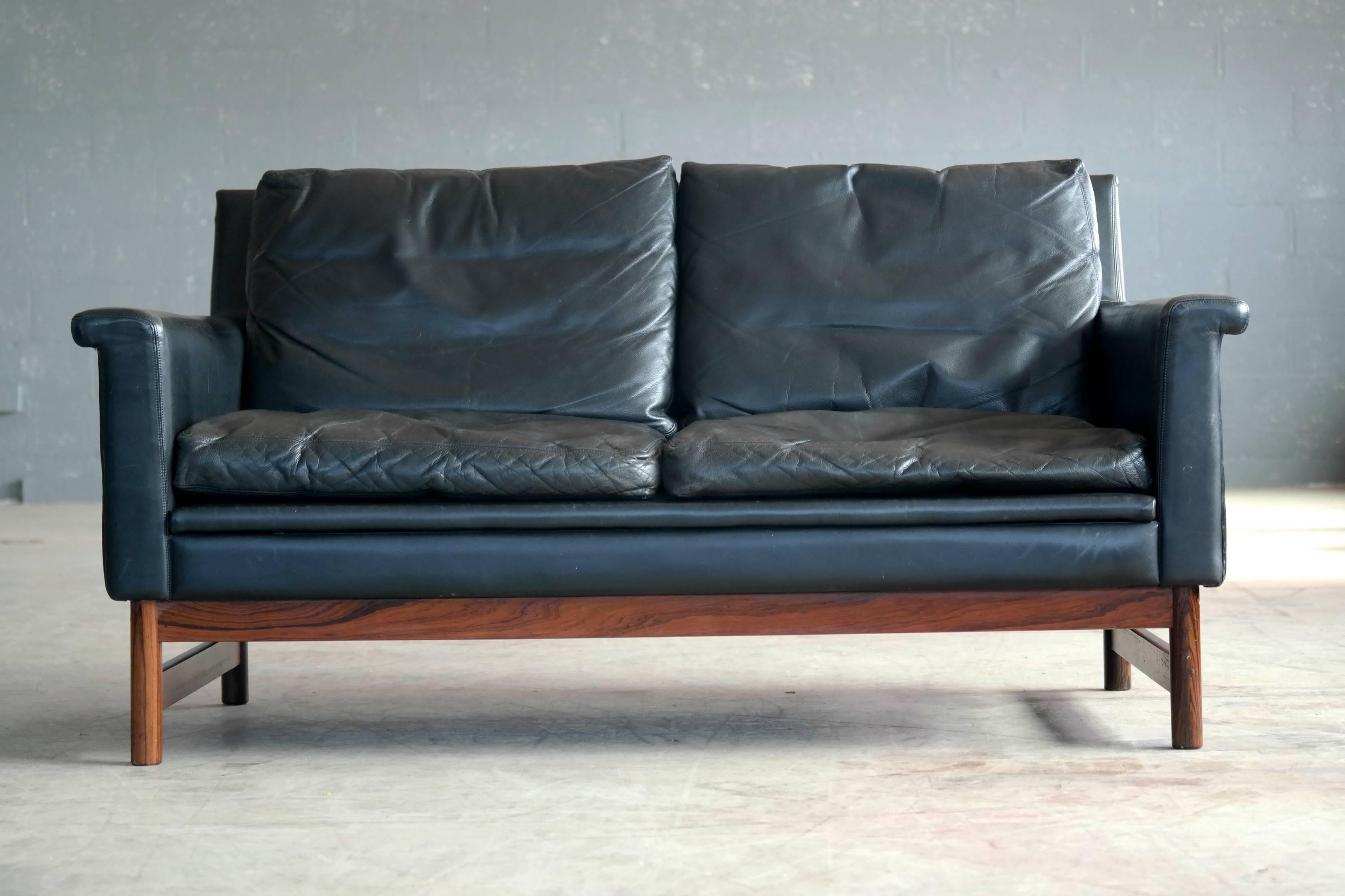 Superb and rare two-seat sofa or loveseat by Scapa of Sweden, circa 1965. Scapa made some really high-end furniture back in the 1960s but changed course circa 1970 to focus on making beds. This rare sofa is features very high quality craftsmanship