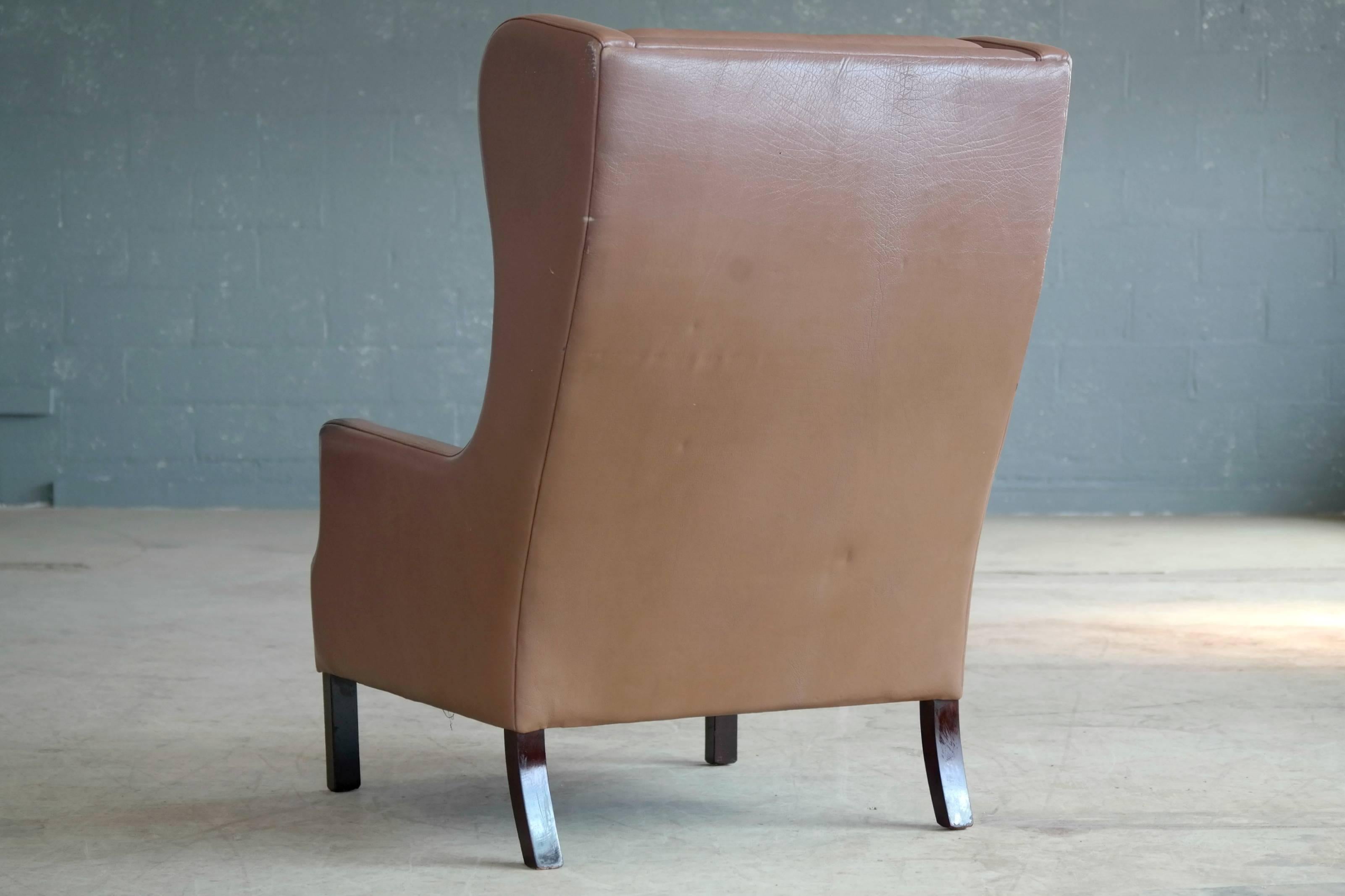 Danish Georg Thams Wingback Chair in Cappuccino Colored Leather Borge Mogensen Style