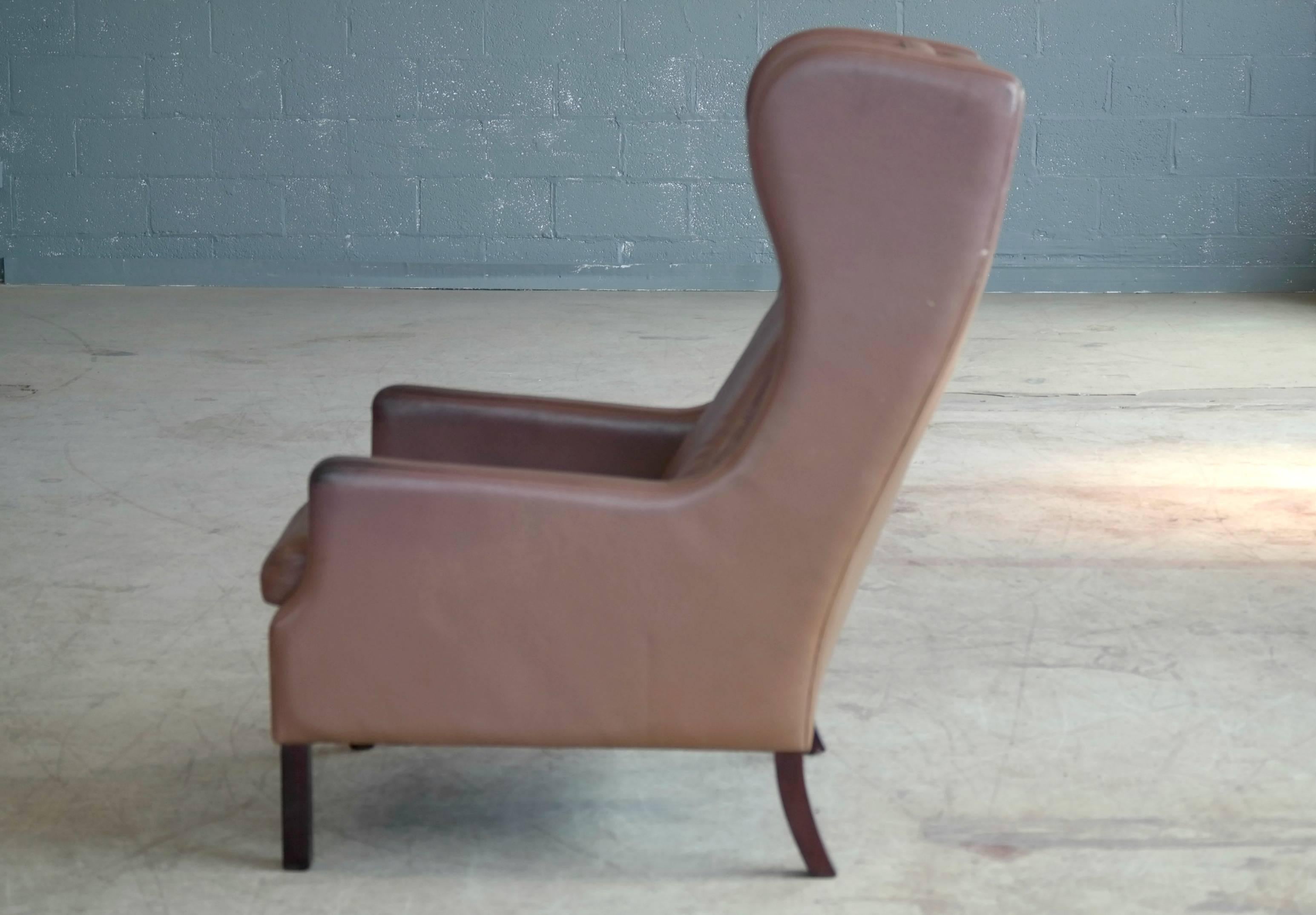 Georg Thams Wingback Chair in Cappuccino Colored Leather Borge Mogensen Style In Good Condition In Bridgeport, CT