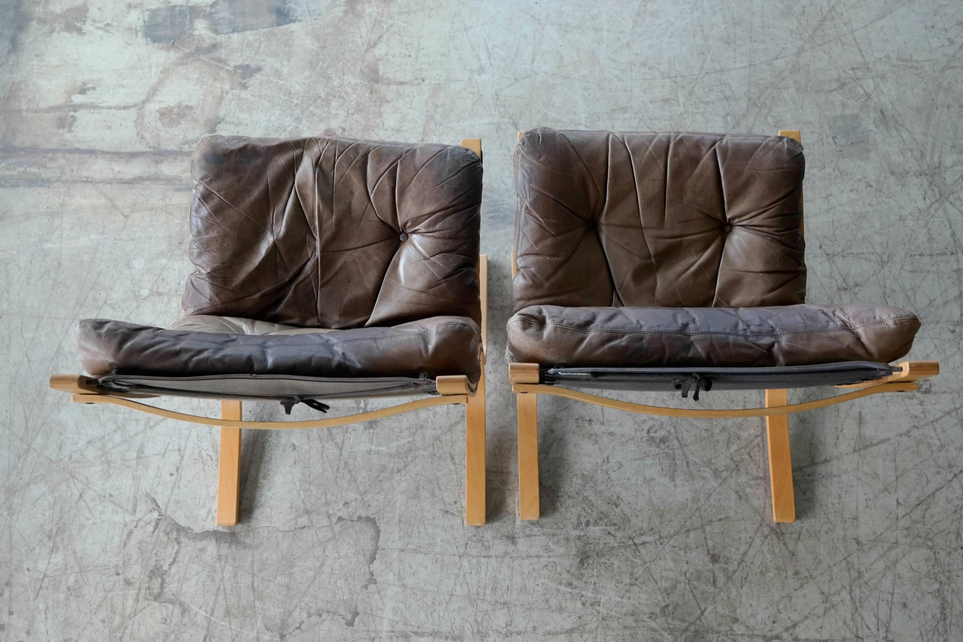 Ingmar Relling Pair of Siesta Chairs for Westnofa Patinated Leather, Norway 1