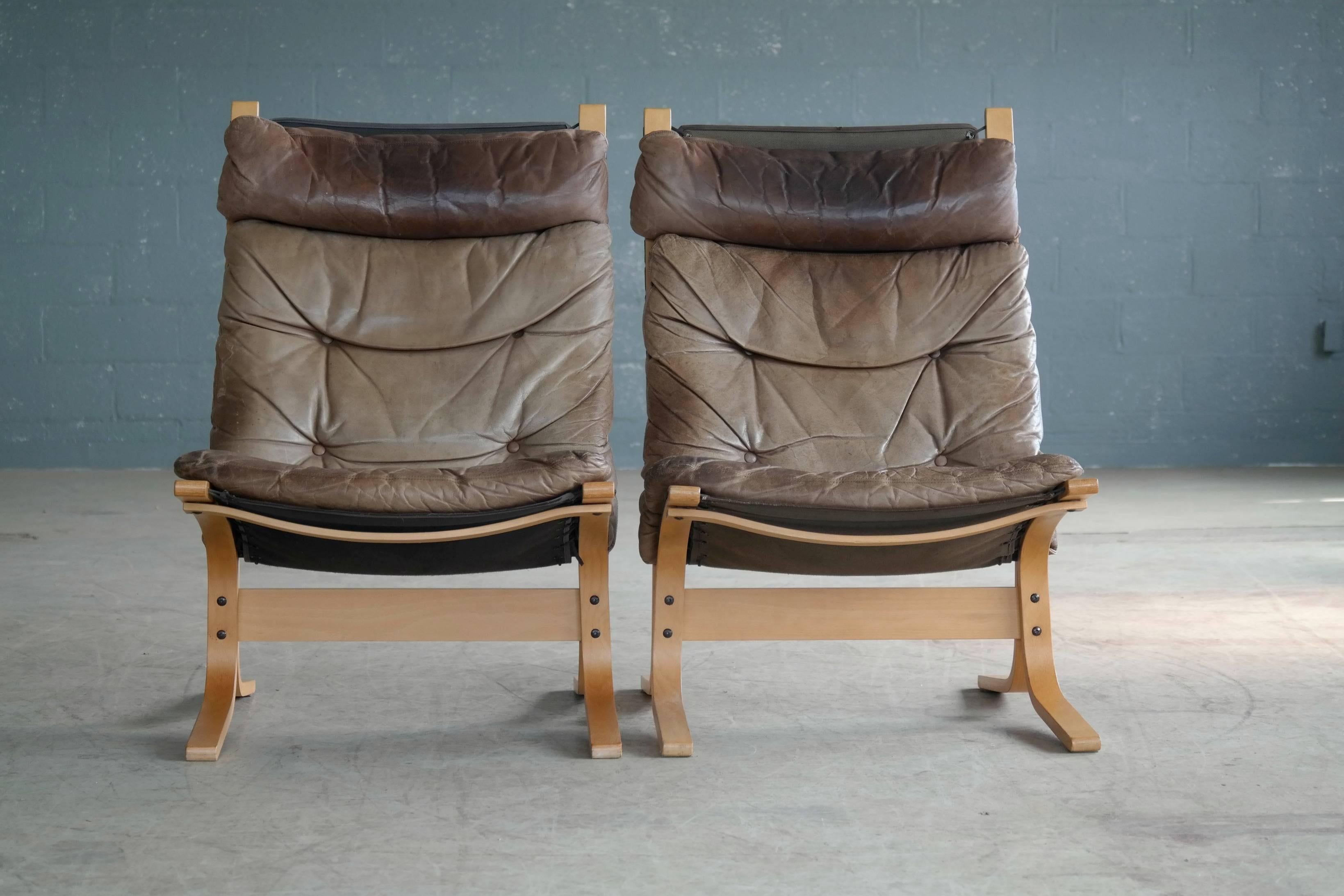 Scandinavian Modern Ingmar Relling Pair of Siesta Chairs for Westnofa Patinated Leather, Norway