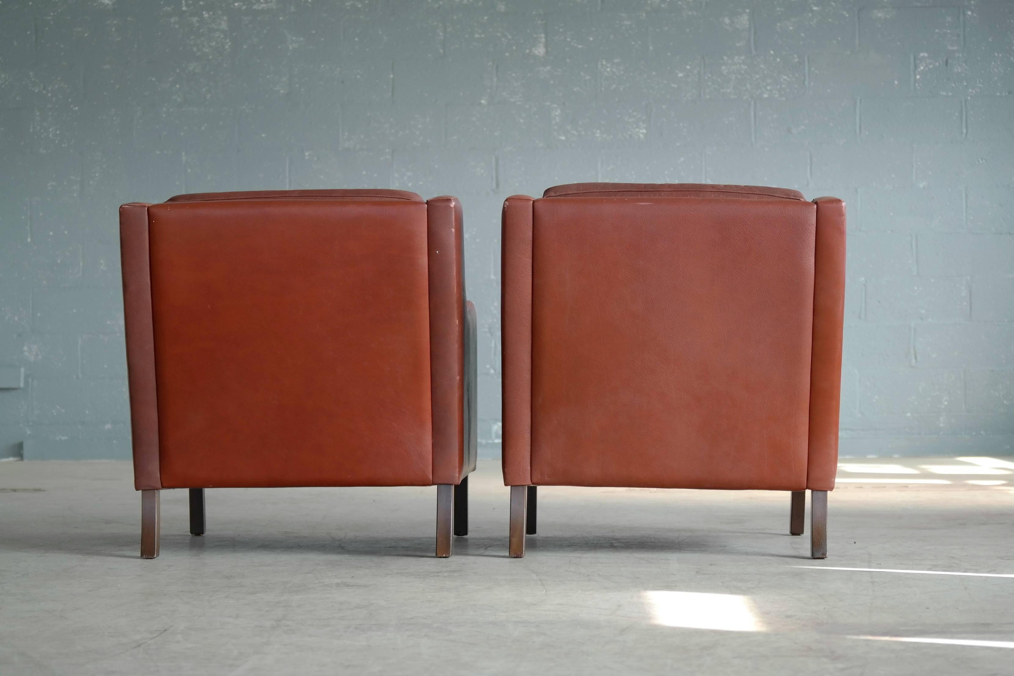 Pair of Danish Børge Mogensen Style Lounge Chairs in Red Brown Leather 1