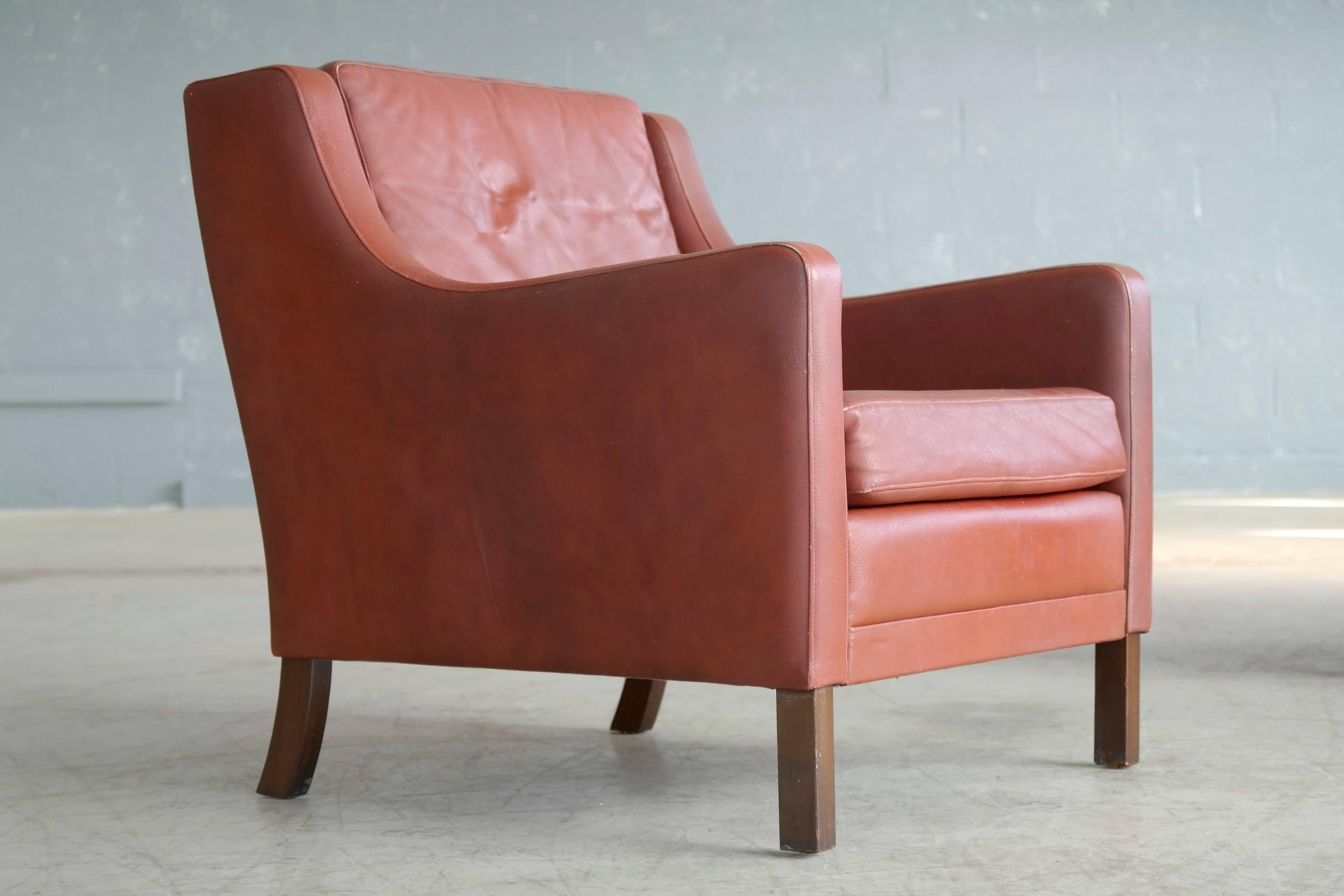 Pair of Danish Børge Mogensen Style Lounge Chairs in Red Brown Leather 3