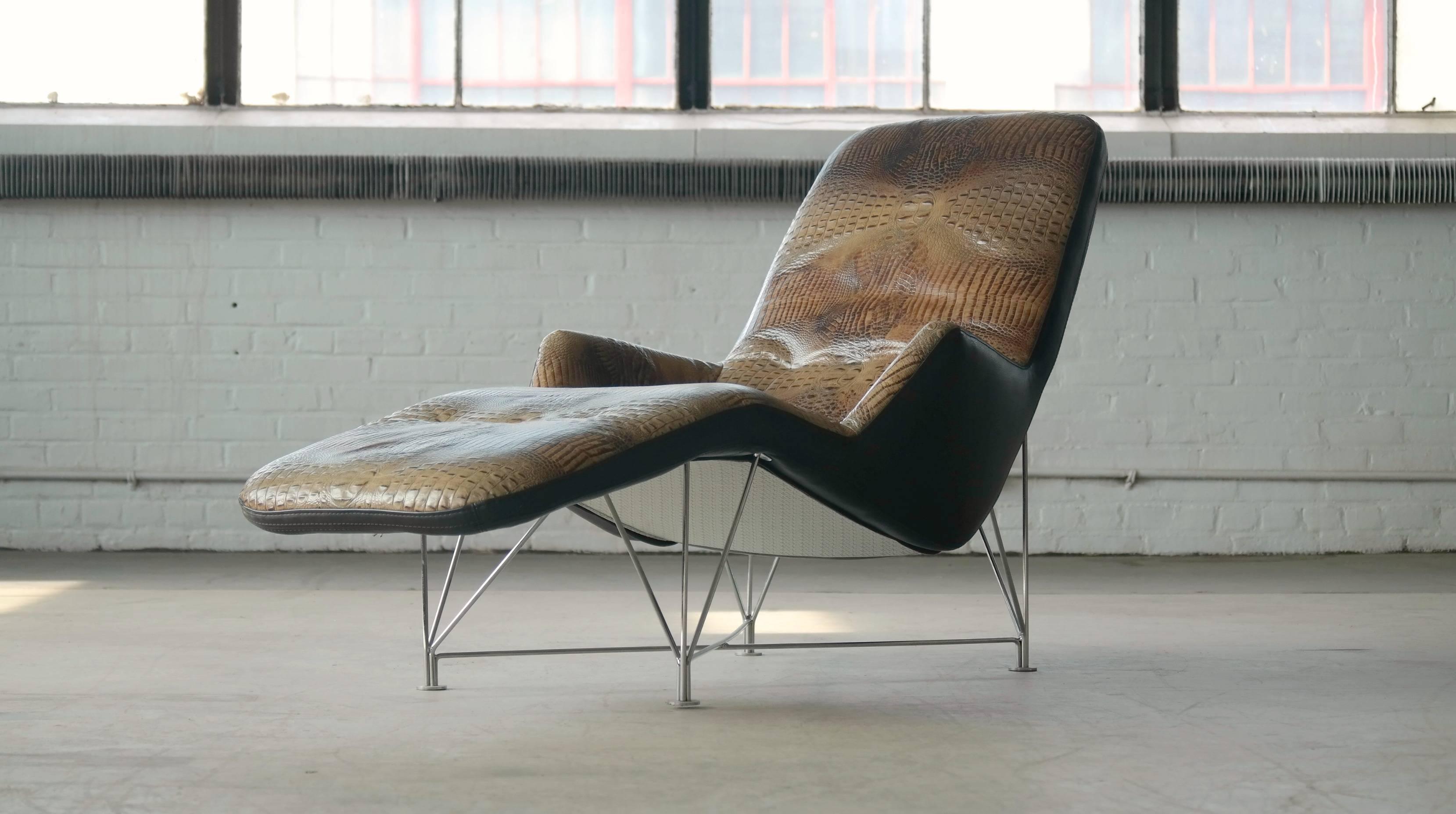 Kenneth Bergenblad model Superspider chaise longue in faux crocodile leather designed in the 1980s for Dux, Sweden, 1980s. The Superspider has become an instant classic and very sought after. Exceedingly rare in the supple beautiful faux crocodile