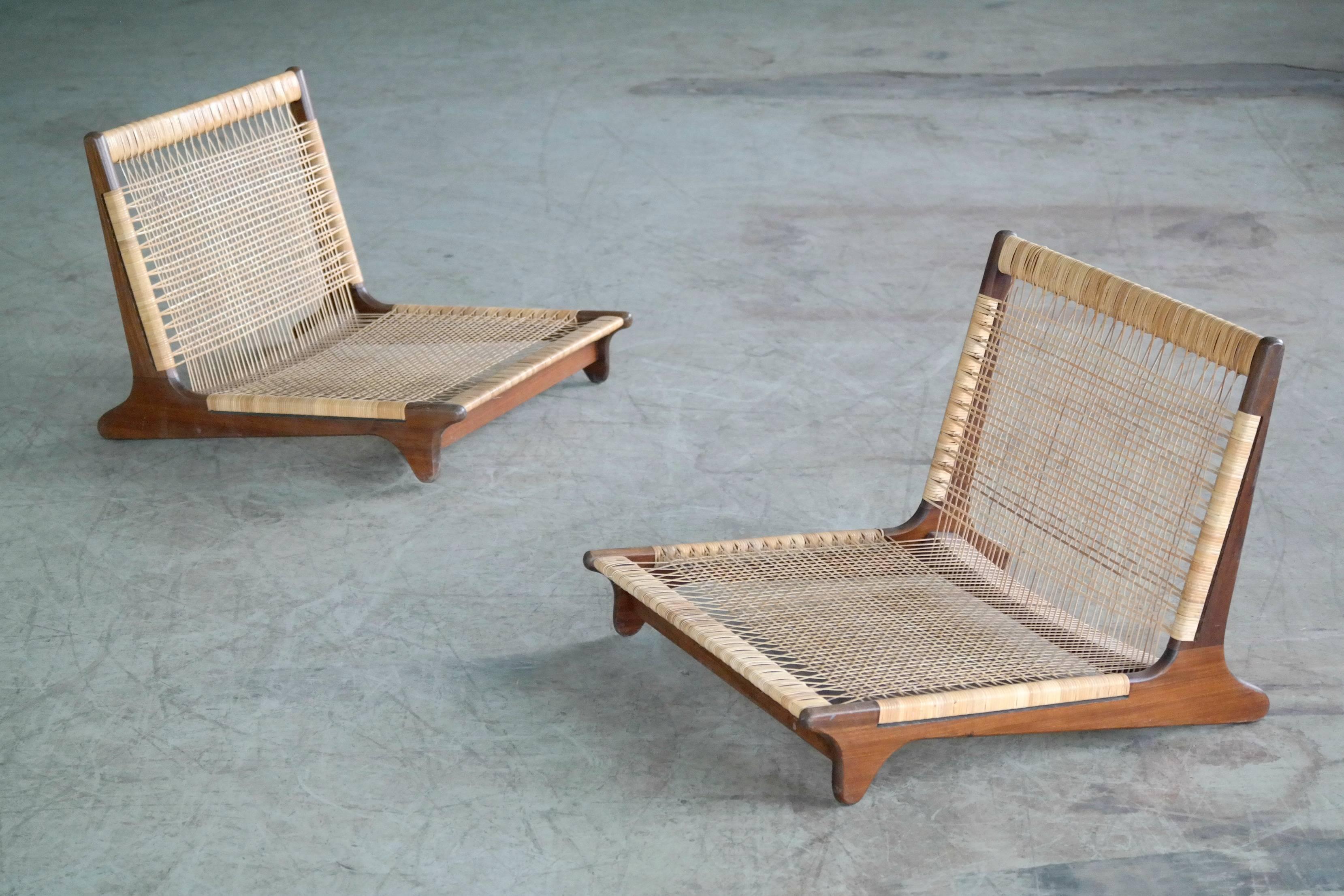 Fantastic pair of Hans Olsen designed modular chair in the style of Japanese tatami dining chairs. Designed in 1957 as part of a modular furniture system for Bramin Mobler where the chairs and tables could be placed in either a bench or on the