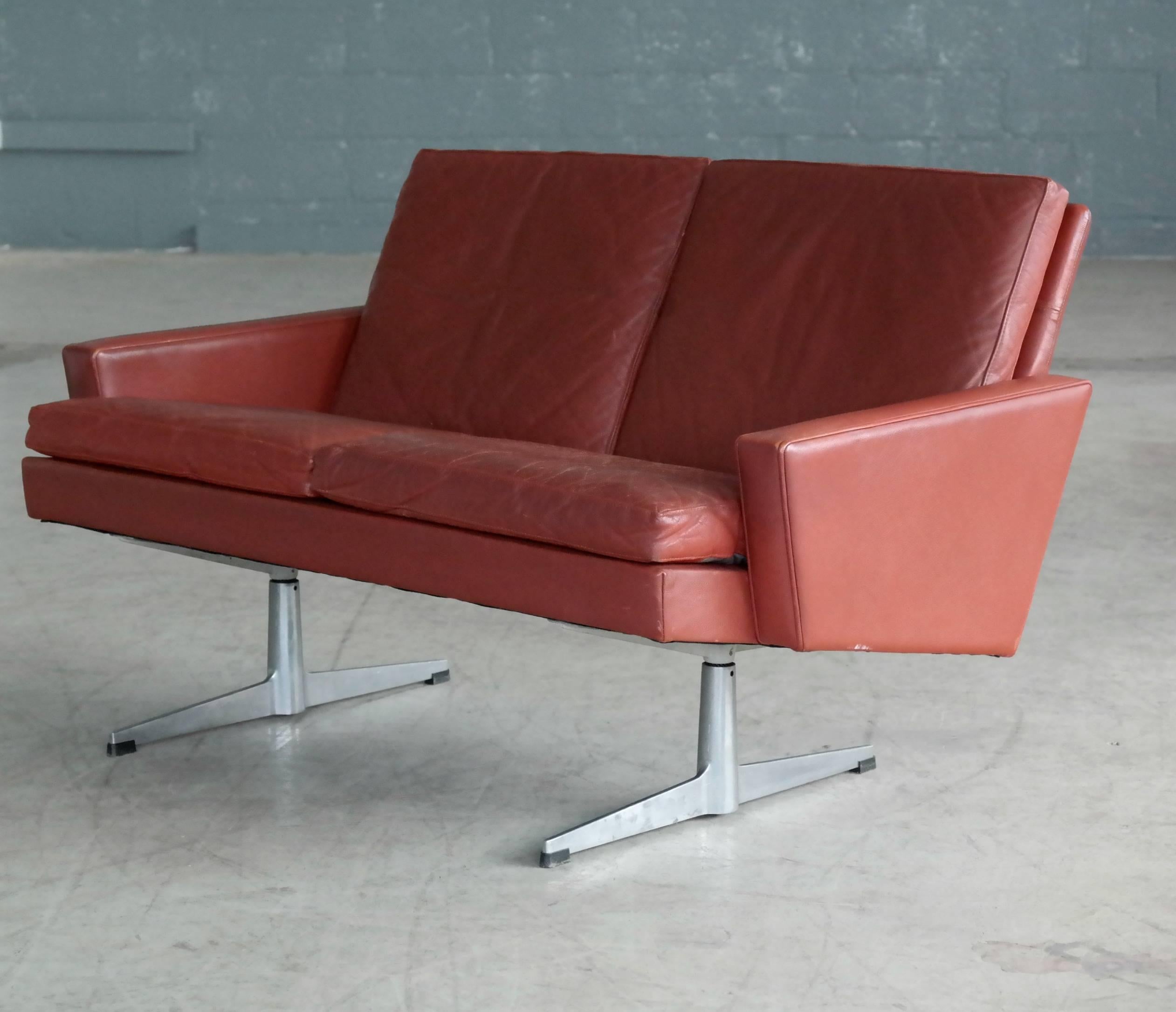 Mid-Century Modern Danish 1960s Two-Seat Airport Sofa in Red Leather