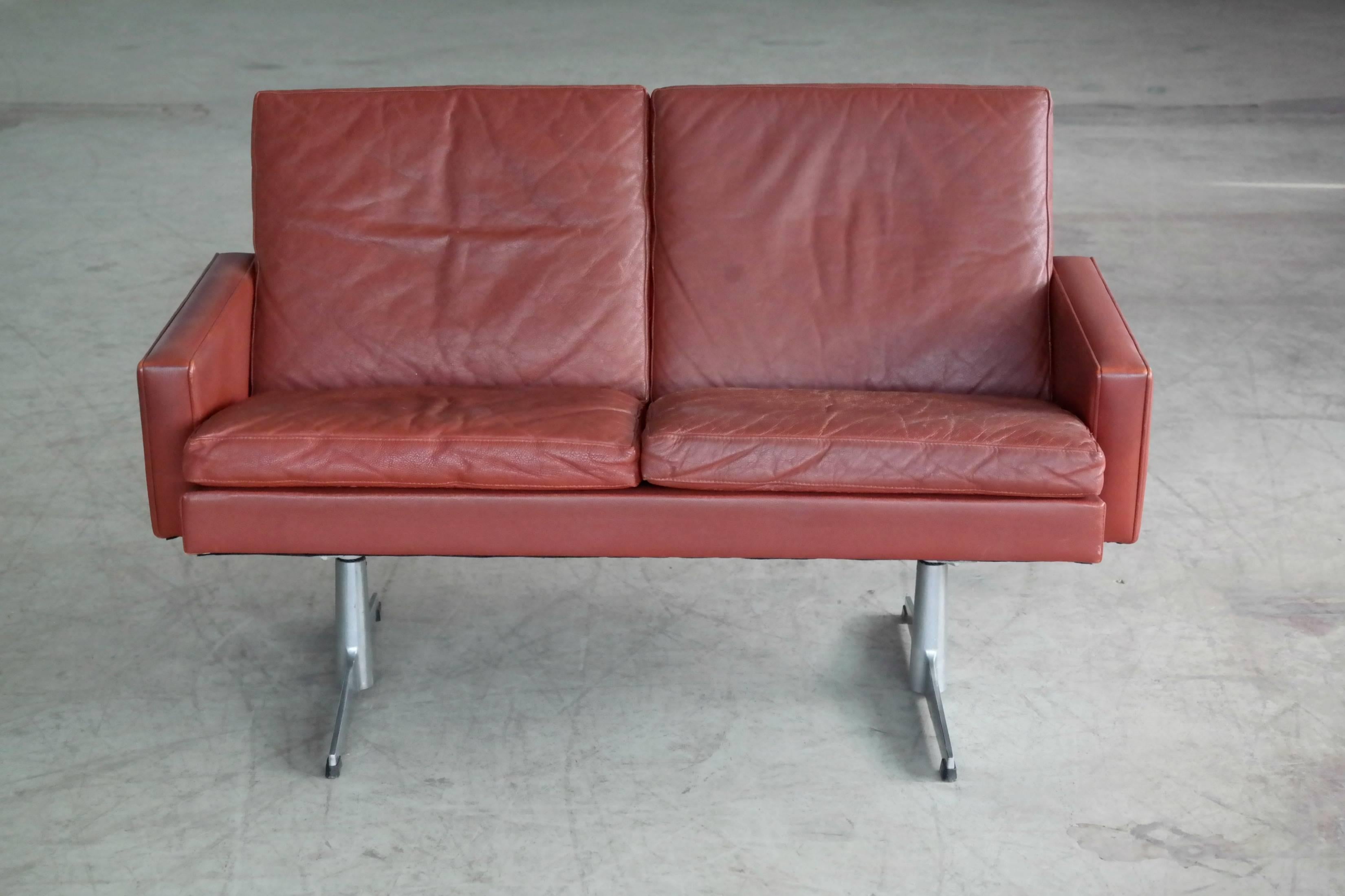 Mid-20th Century Danish 1960s Two-Seat Airport Sofa in Red Leather