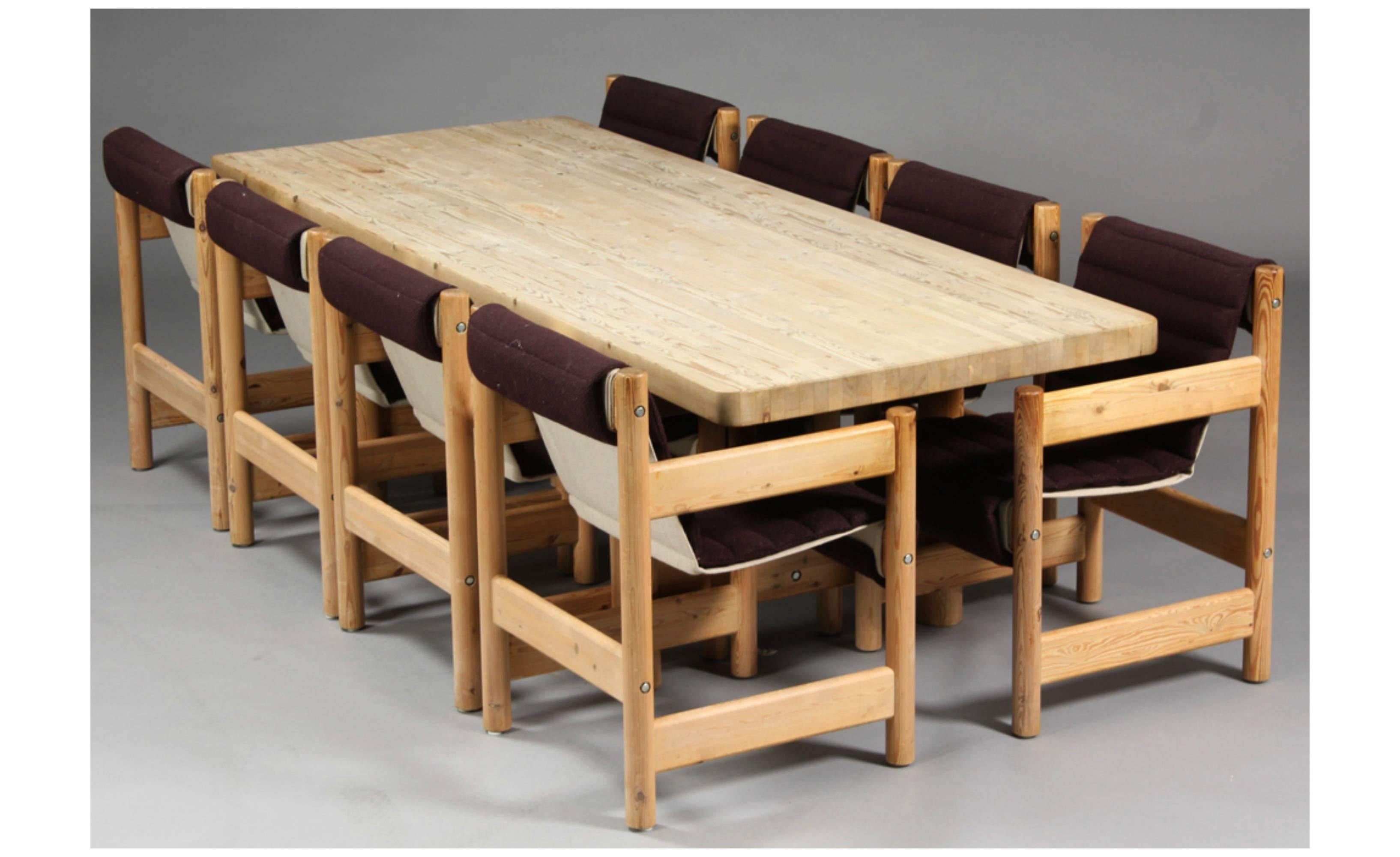Great 1960s, Scandinavian pine dining room set consisting of a table with eight chairs in the style of Børge Mogensen Asserdal series for Karl Andersson and Son, Sweden. Great proportions solid and sturdy yet very elegant. The color and the texture