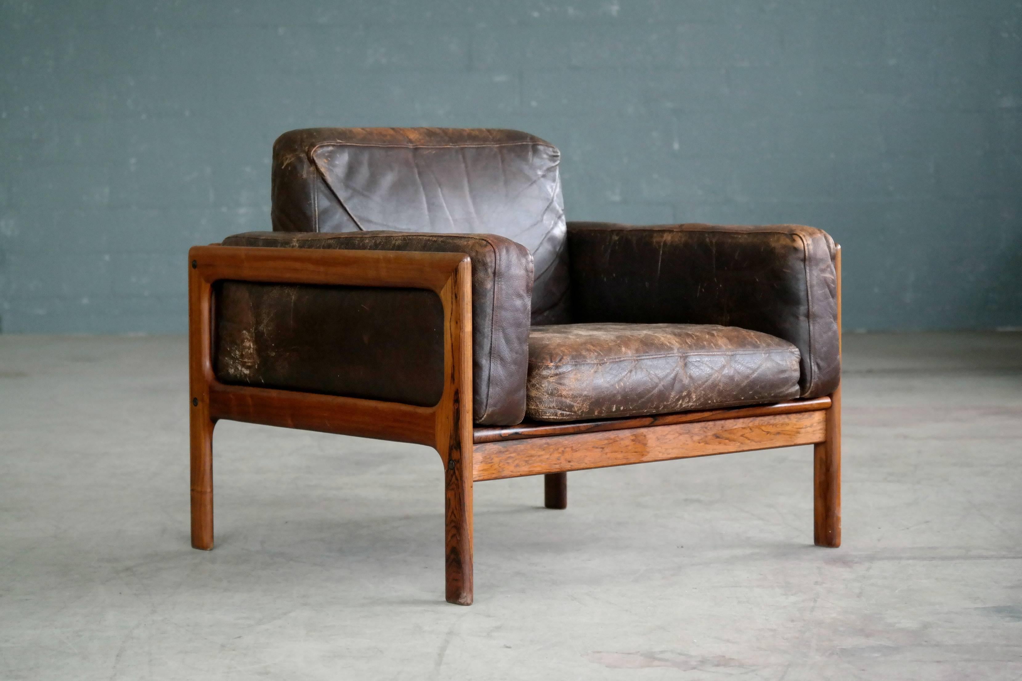 Mid-Century Modern Arne Wahl Iversen Pair of Easy Chairs in Rosewood and Leather for Komfort Mobler