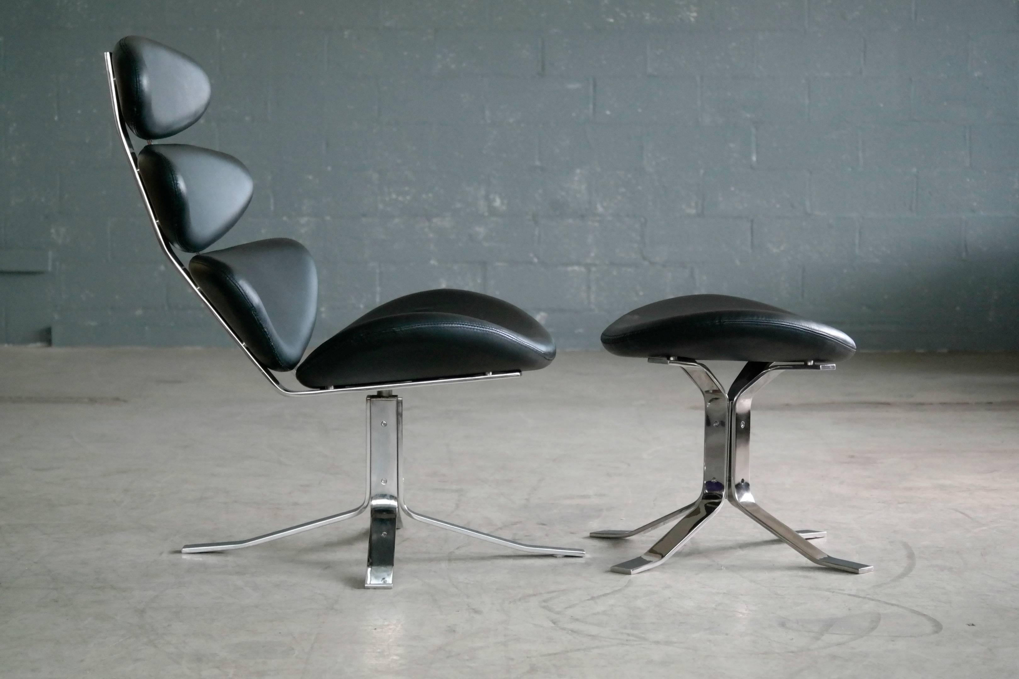 Danish Poul Volther Corona Lounge Chair with Ottoman Replica in Steel and Leather