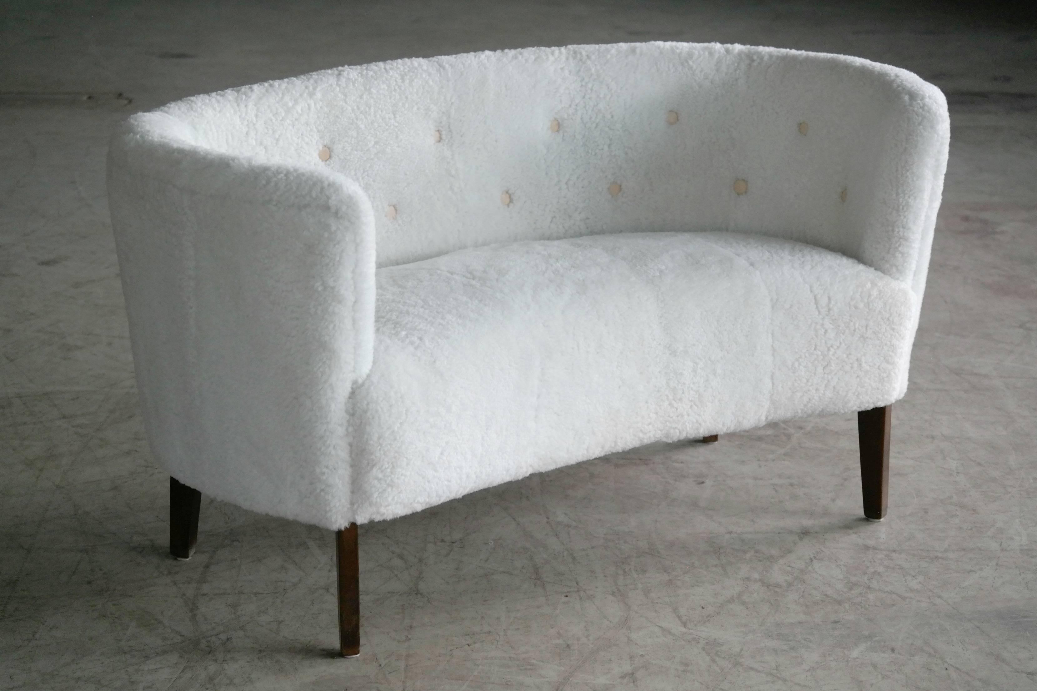 Danish Flemming Lassen Style 1940s Petite Curved Loveseat or Settee in Lambsfur