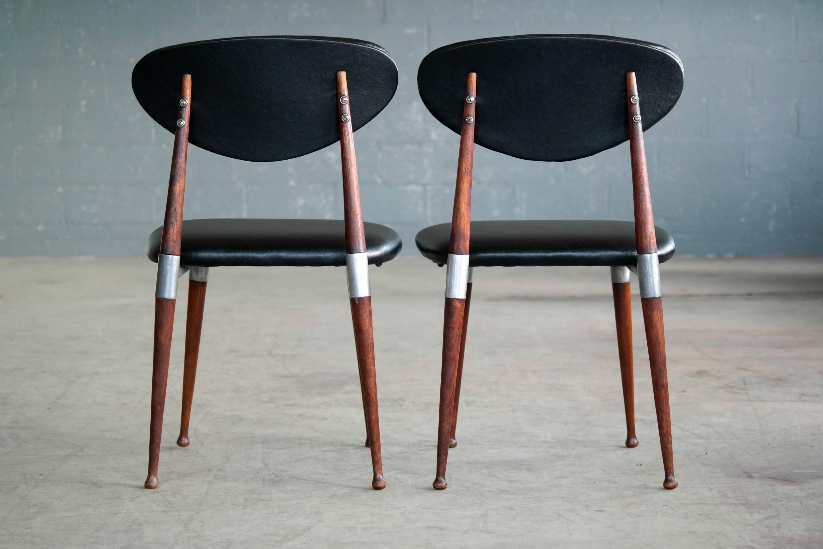 Faux Leather Dan Johnson Four Dining Chairs in Walnut and Aluminum for Shelby Williams