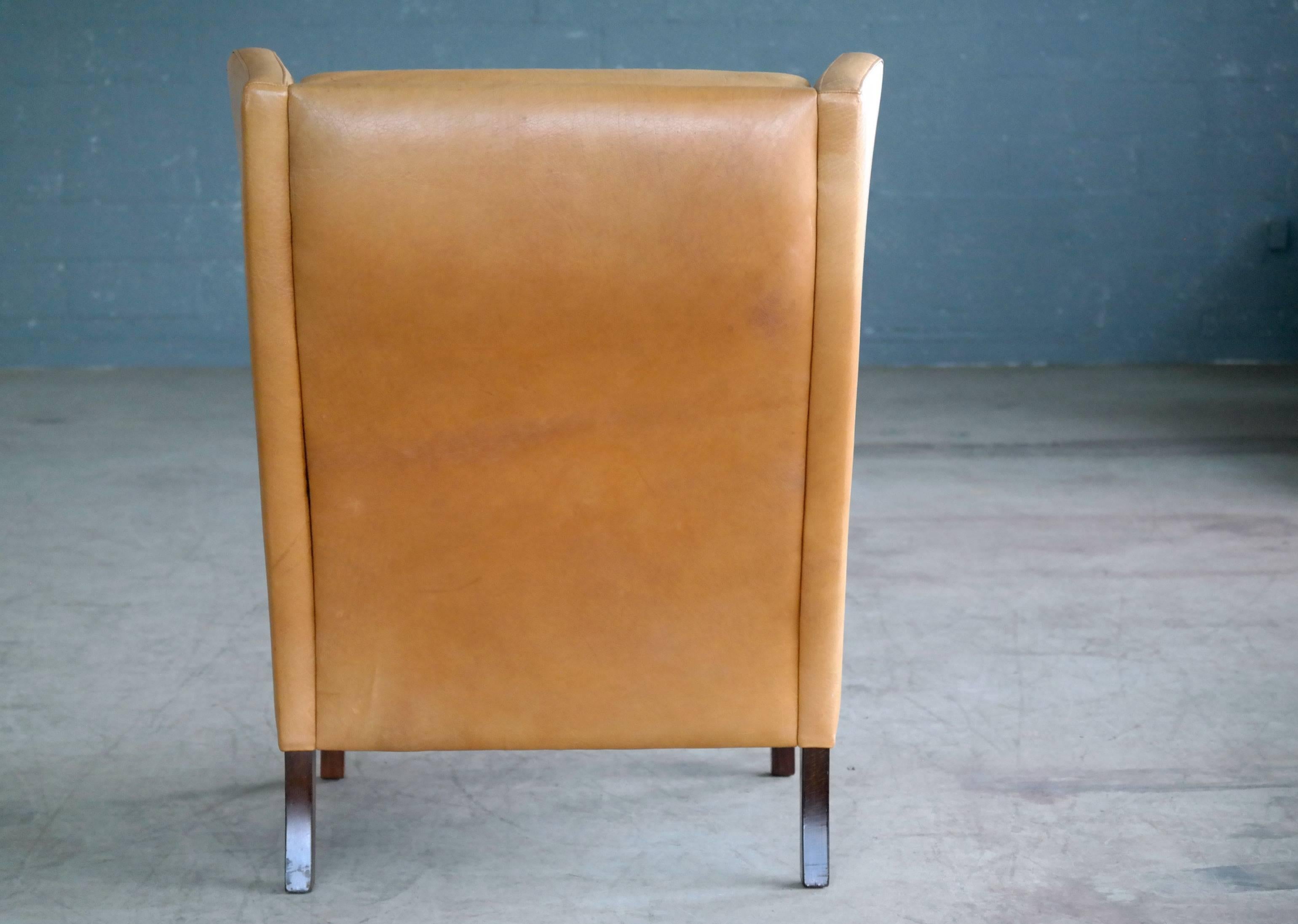 Borge Mogensen Style Wingback Lounge Chair and Ottoman in Butterscotch Leather 1