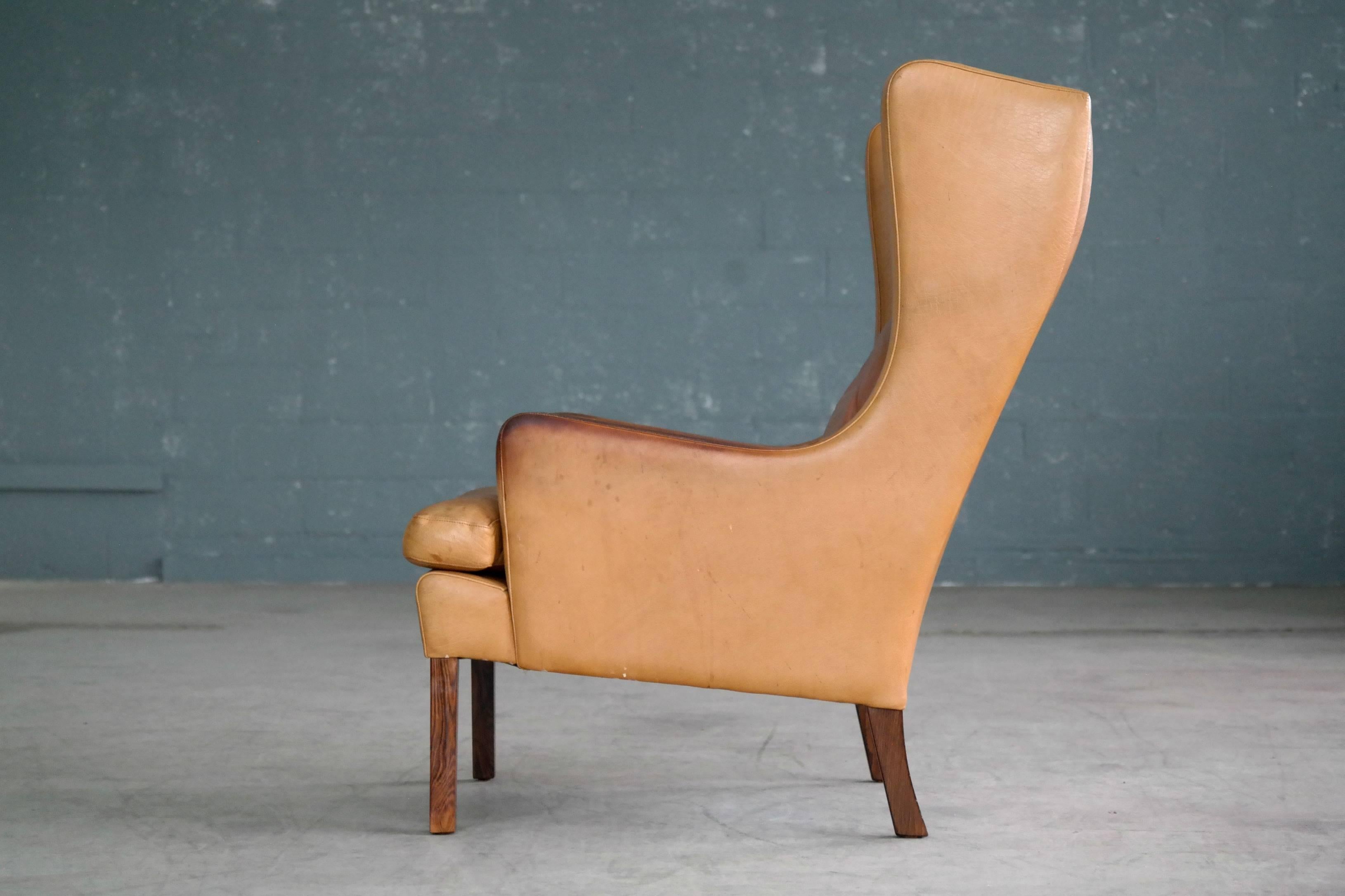 Borge Mogensen Style Wingback Lounge Chair and Ottoman in Butterscotch Leather 3