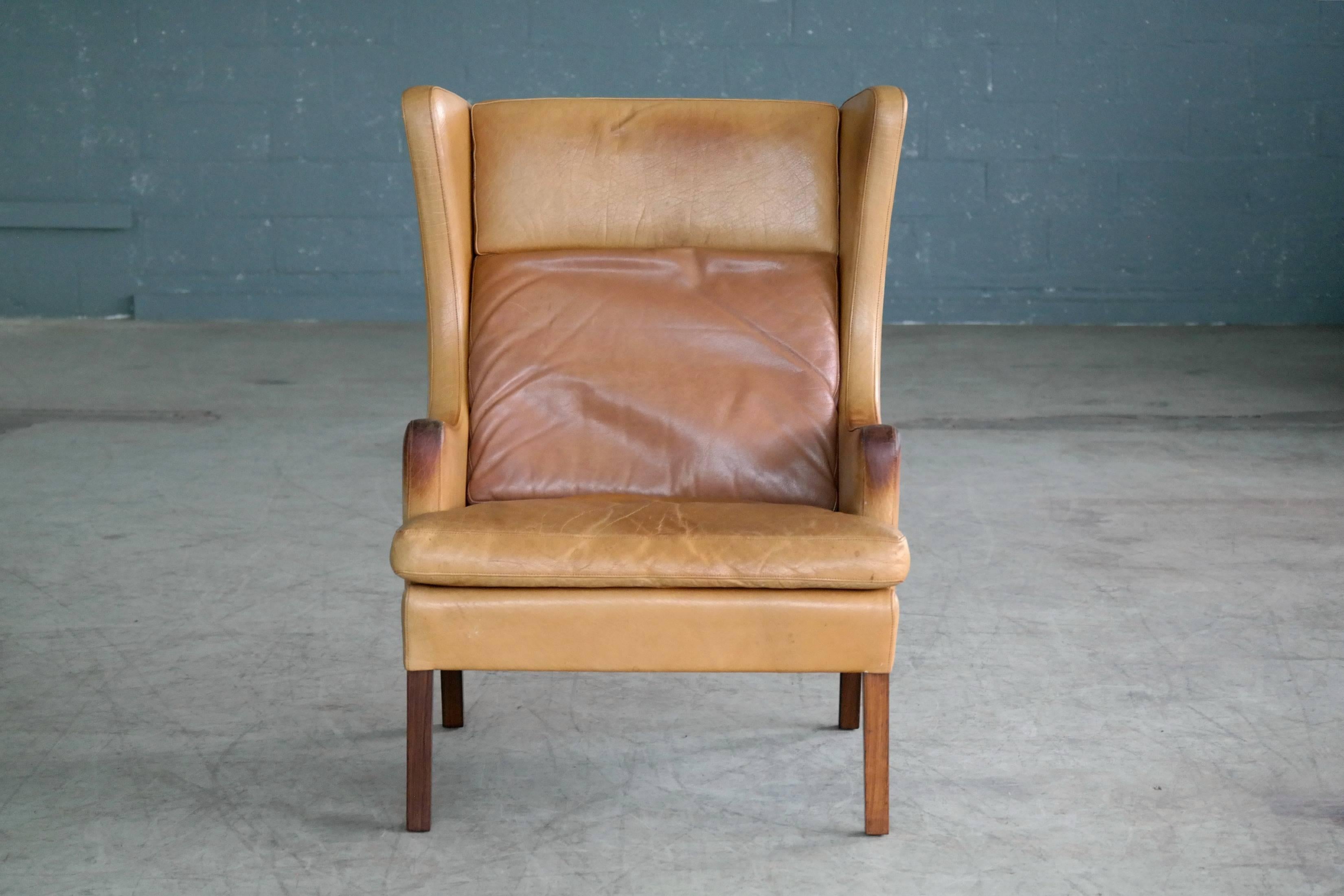 Danish Borge Mogensen Style Wingback Lounge Chair and Ottoman in Butterscotch Leather