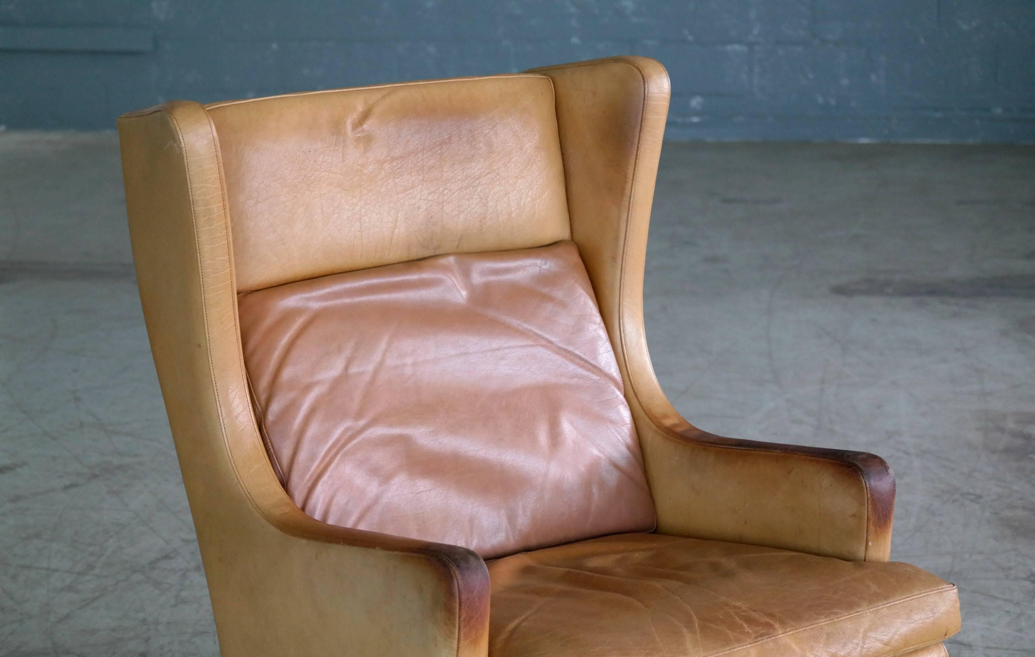 Mid-Century Modern Borge Mogensen Style Wingback Lounge Chair and Ottoman in Butterscotch Leather